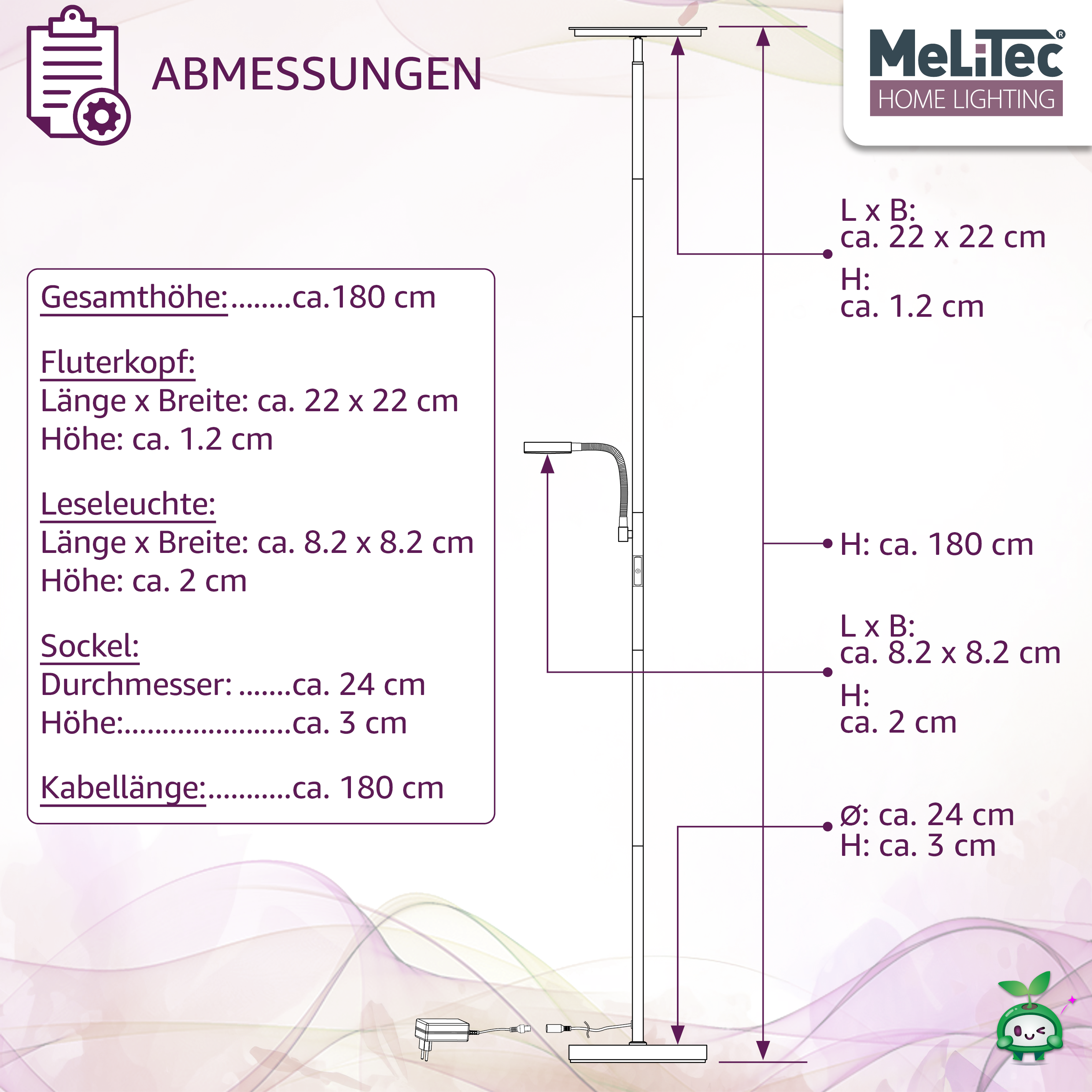 Deckenfluter mit Leseleuchte, Titan, Eckig, ST59, MeLiTec