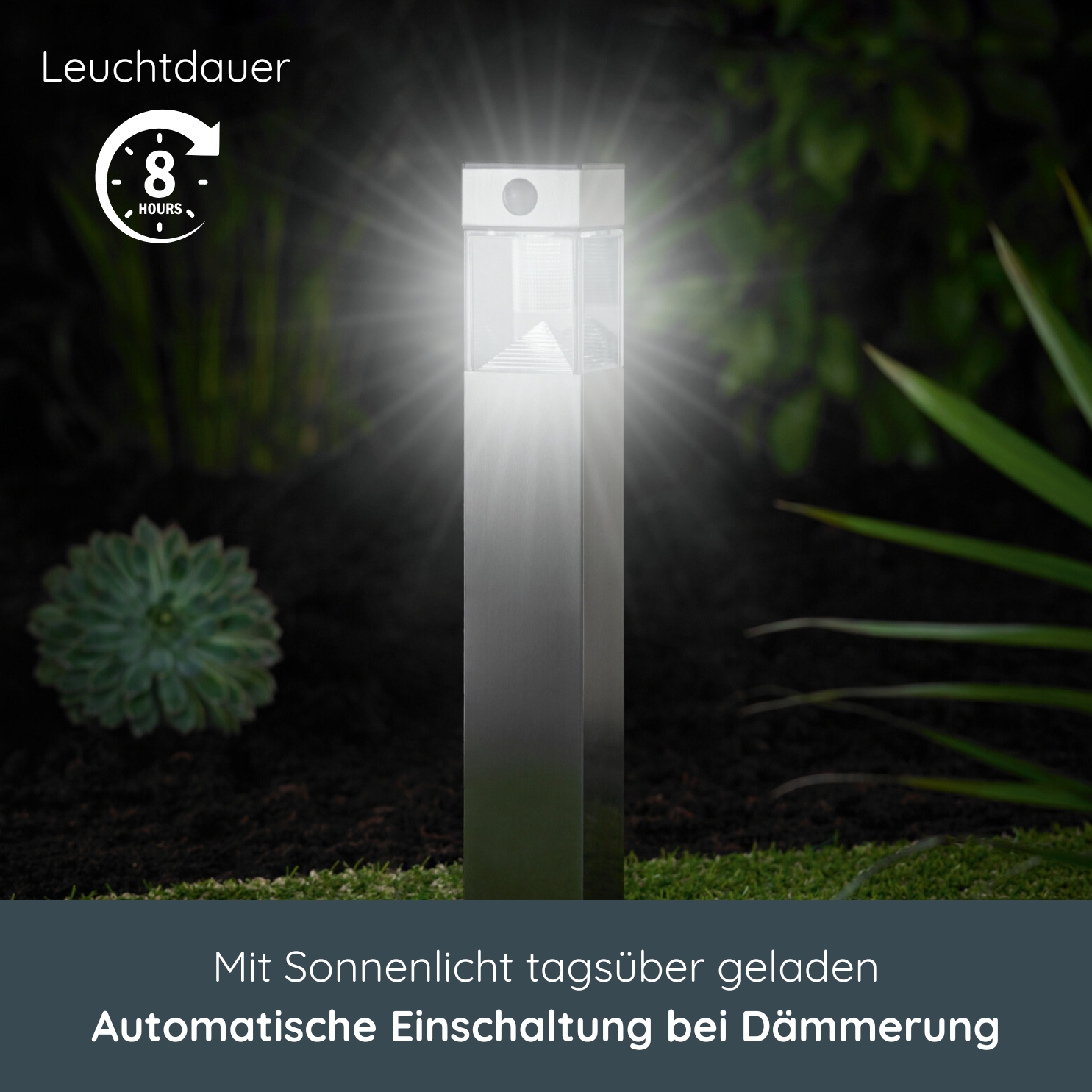 MeLiTec Solar Gartenleuchte SO32 eckig mit Bewegungsmelder, Edelstahl matt gebürstet