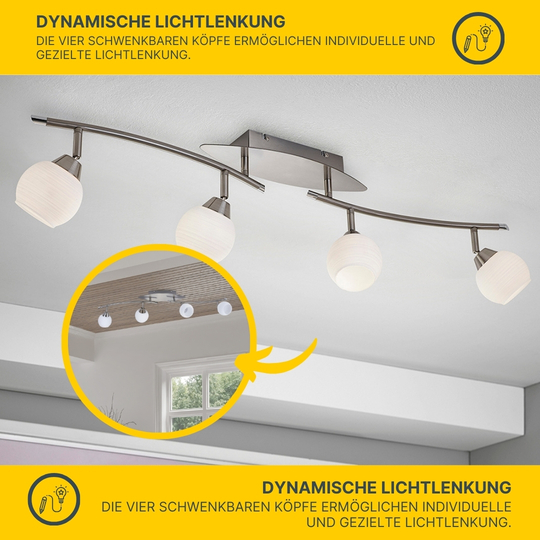 LED Deckenleuchte D123 | 4x LED Spots schwenkbar | nickel-matt | Glas weiß gestreift | warmweiß 3000K | MeLiTec