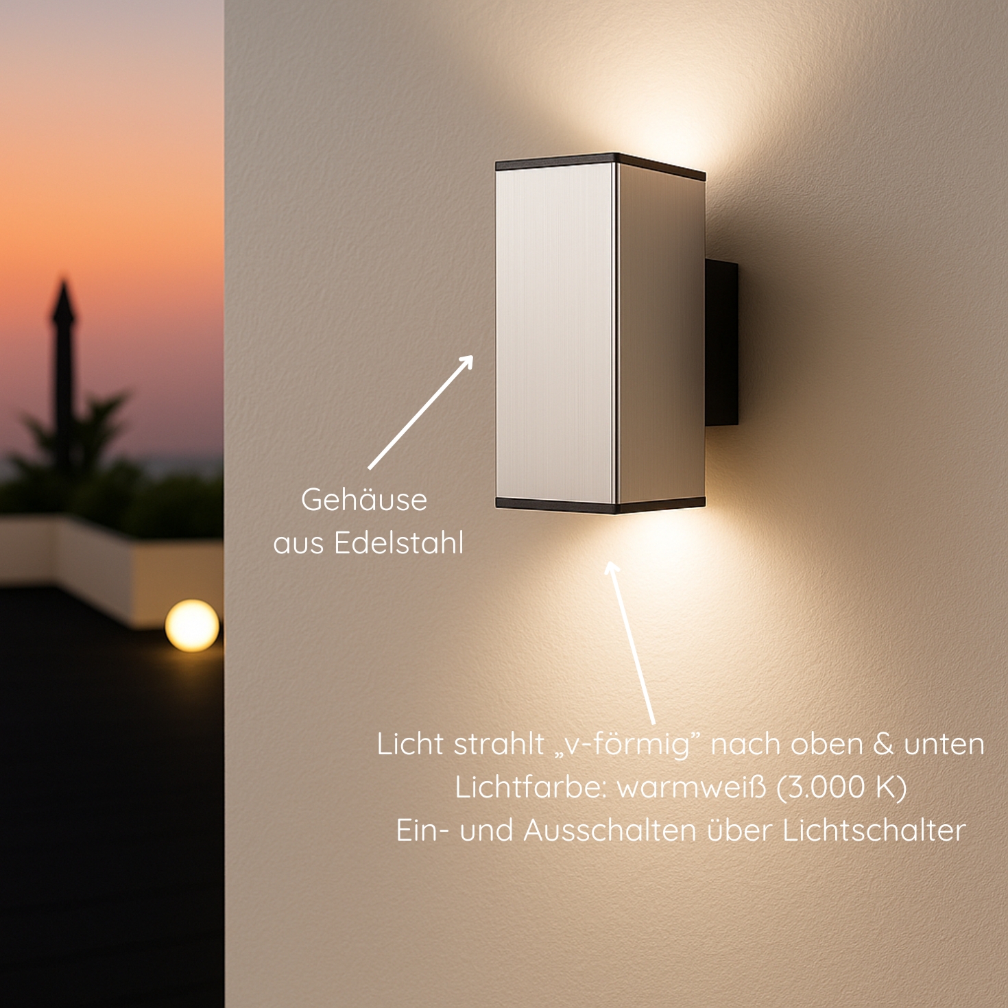 MeLiTec LED-Wandleuchte, Up and Down-Leuchte für außen und innen, aus Edelstahl, eckig, Edelstahl matt gebürstet, IP44, Wandlampe, 146 Beleuchtung, Beleuchtung, Elektronik, Sprecher,