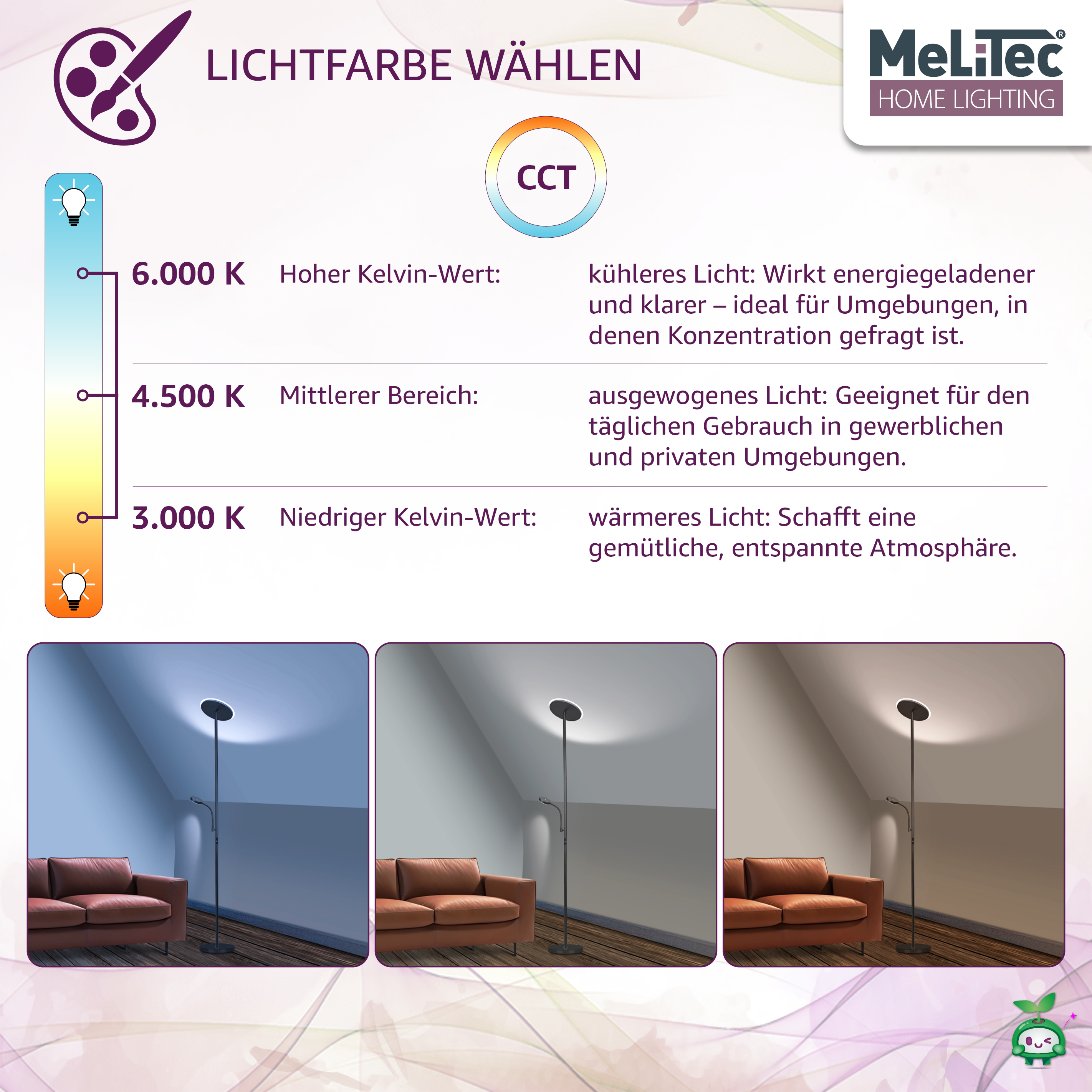 Deckenfluter mit Leseleuchte, schwarz, rund, ST58-1, MeLiTec Werbung, Plakat, Couch, Mobiliar, Wohnzimmer,