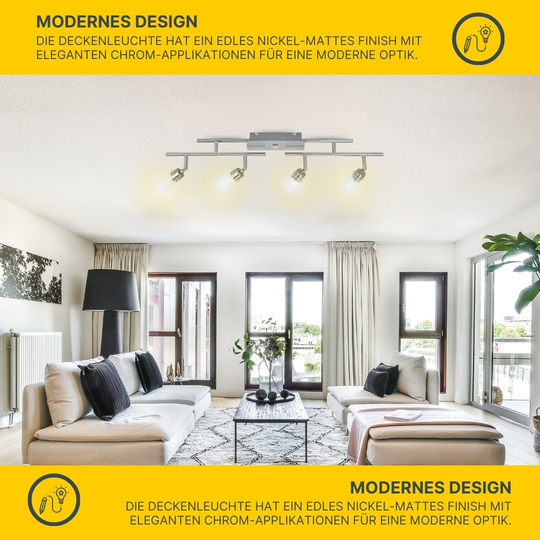 LED Deckenleuchte D122 | 4x LED Spots schwenkbar | nickel-matt | Glas weiß | warmweiß 3000K | MeLiTec