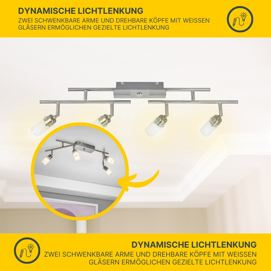 LED Deckenleuchte D122 | 4x LED Spots schwenkbar | nickel-matt | Glas weiß | warmweiß 3000K | MeLiTec
