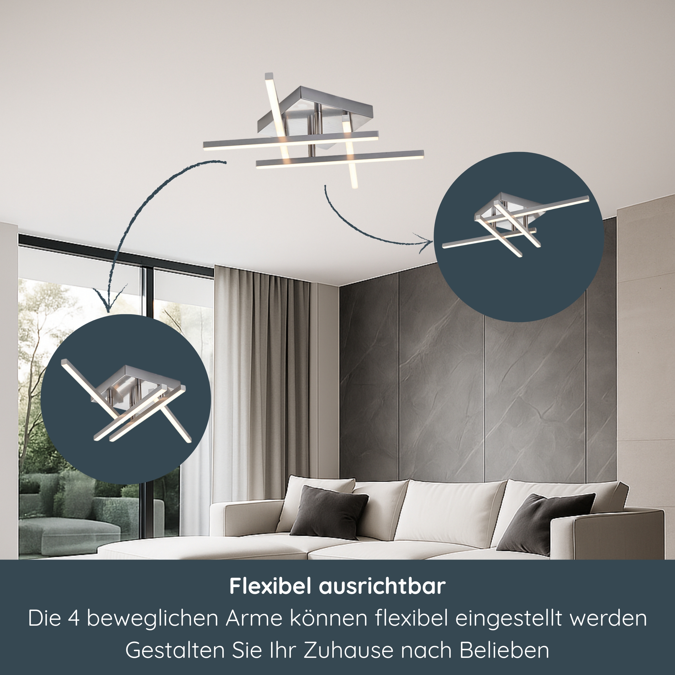 LED Deckenleuchte D121 | 4 schwenkbare Arme | nickel-matt | warmweiß 3000K | MeLiTec