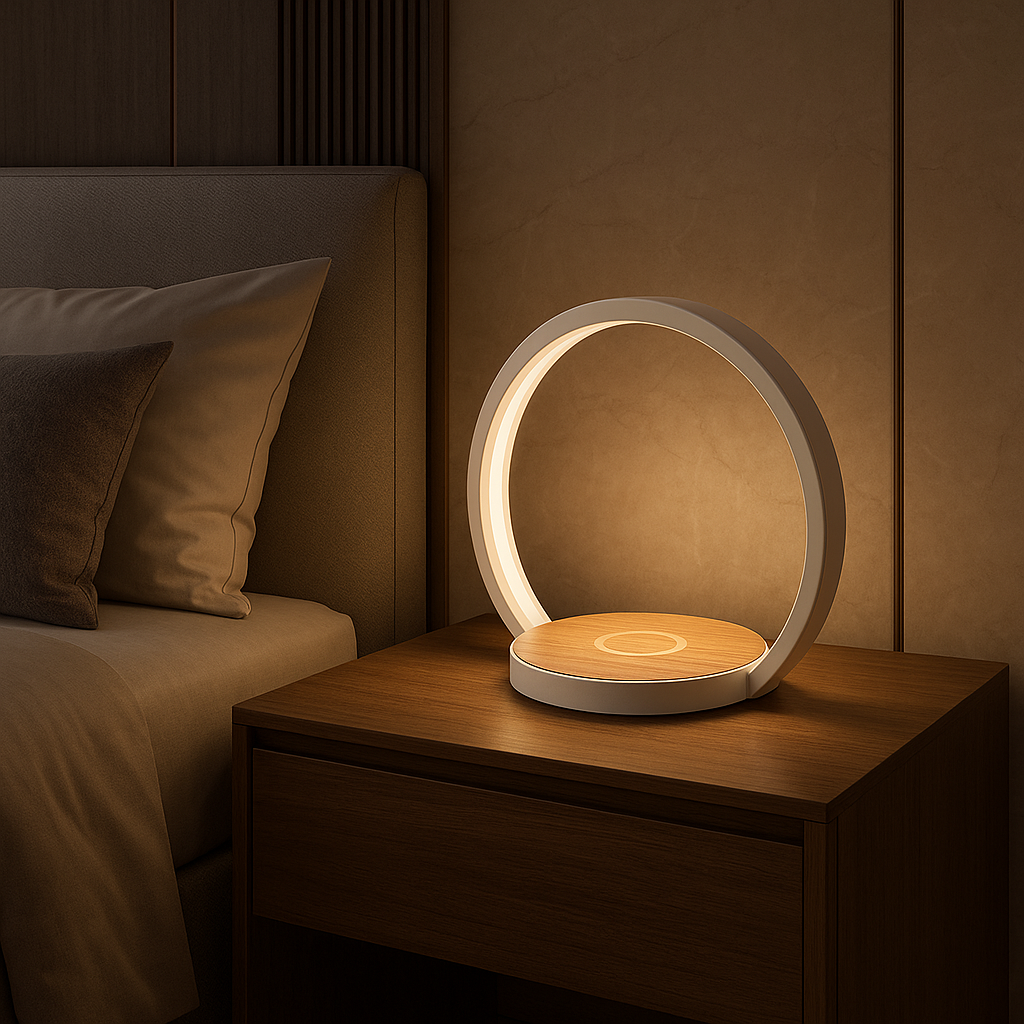 MeLiTec Nachttischleuchte LightBase, Handy kabellos aufladen, weiß Sperrholz, Holz, Innenarchitektur, Lampe, Kissen, Sperrholz, Holz, Innenarchitektur, Lampe, Kissen,