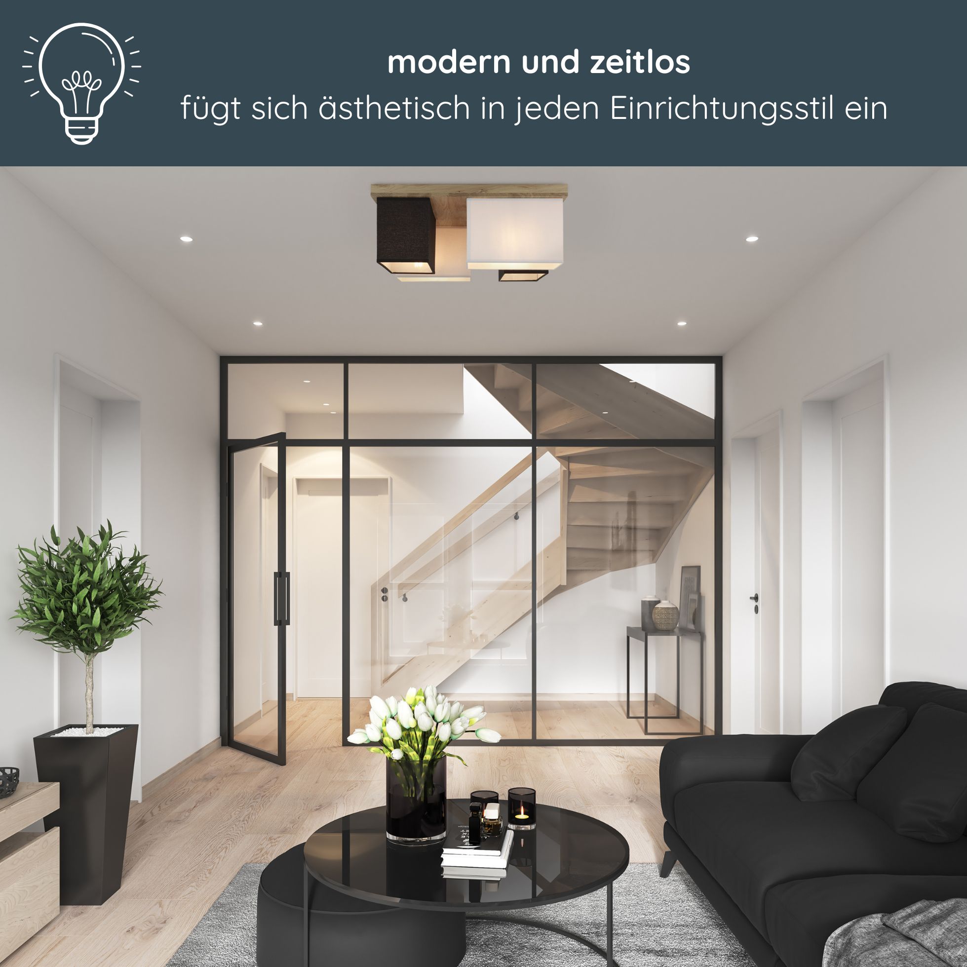 MeLiTec Deckenleuchte Paloma D129, moderne Deckenlampe, Echtholz aus der EU, Eiche, creme/weiß und schwarz