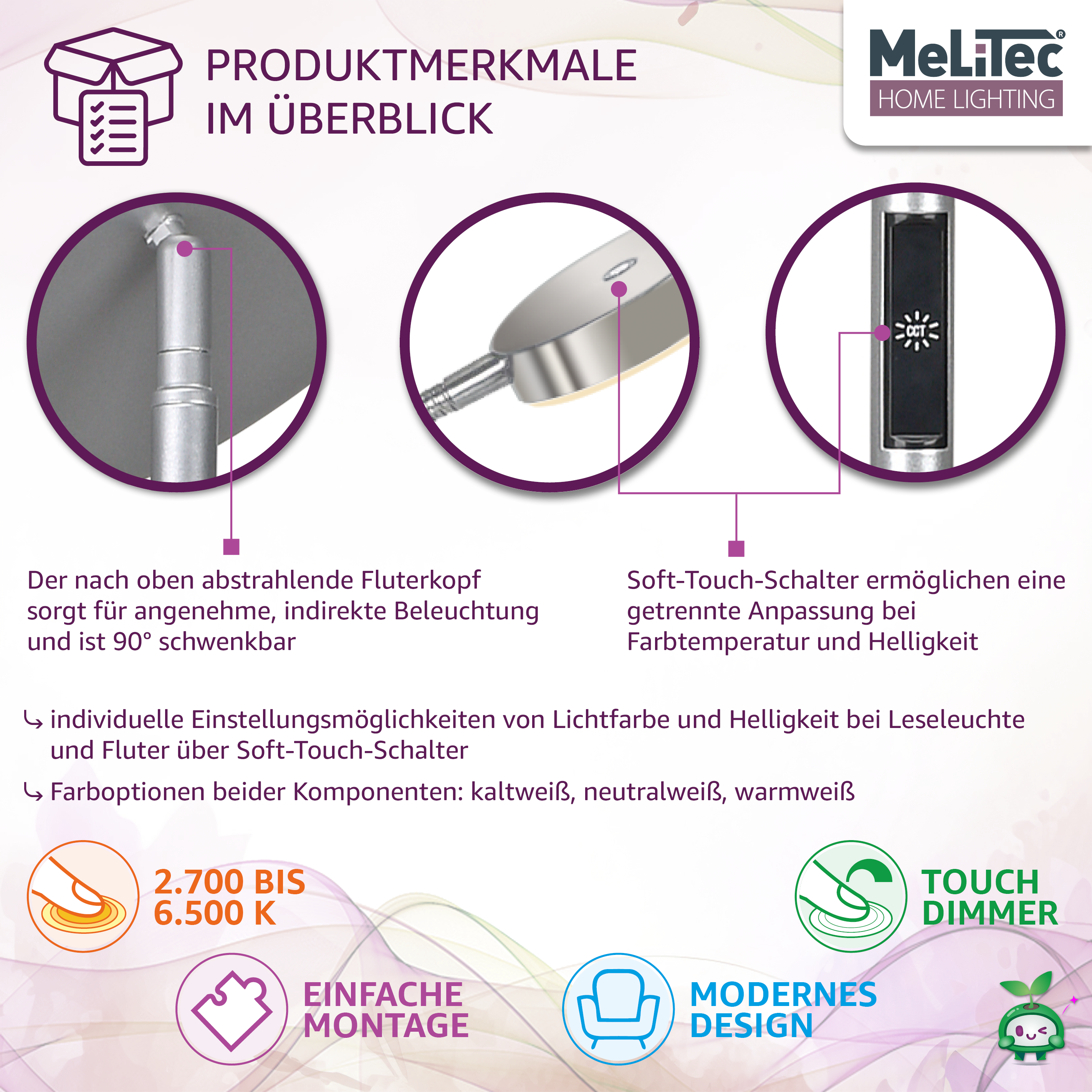 Deckenfluter mit Leseleuchte, Titan, Rund, ST58, MeLiTec Werbung, Plakat,