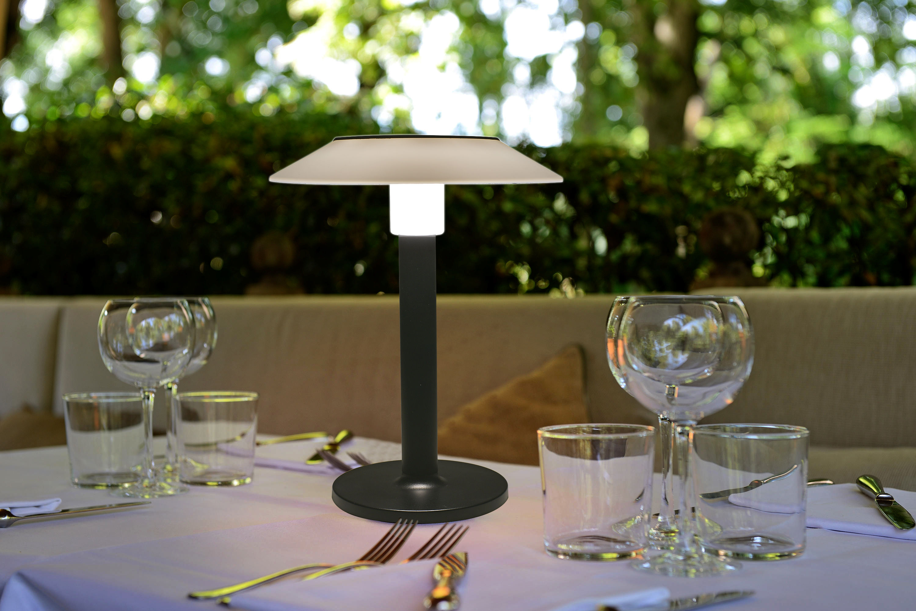 Lampe, Glas, Tasse, Gabel, Tischplatte,