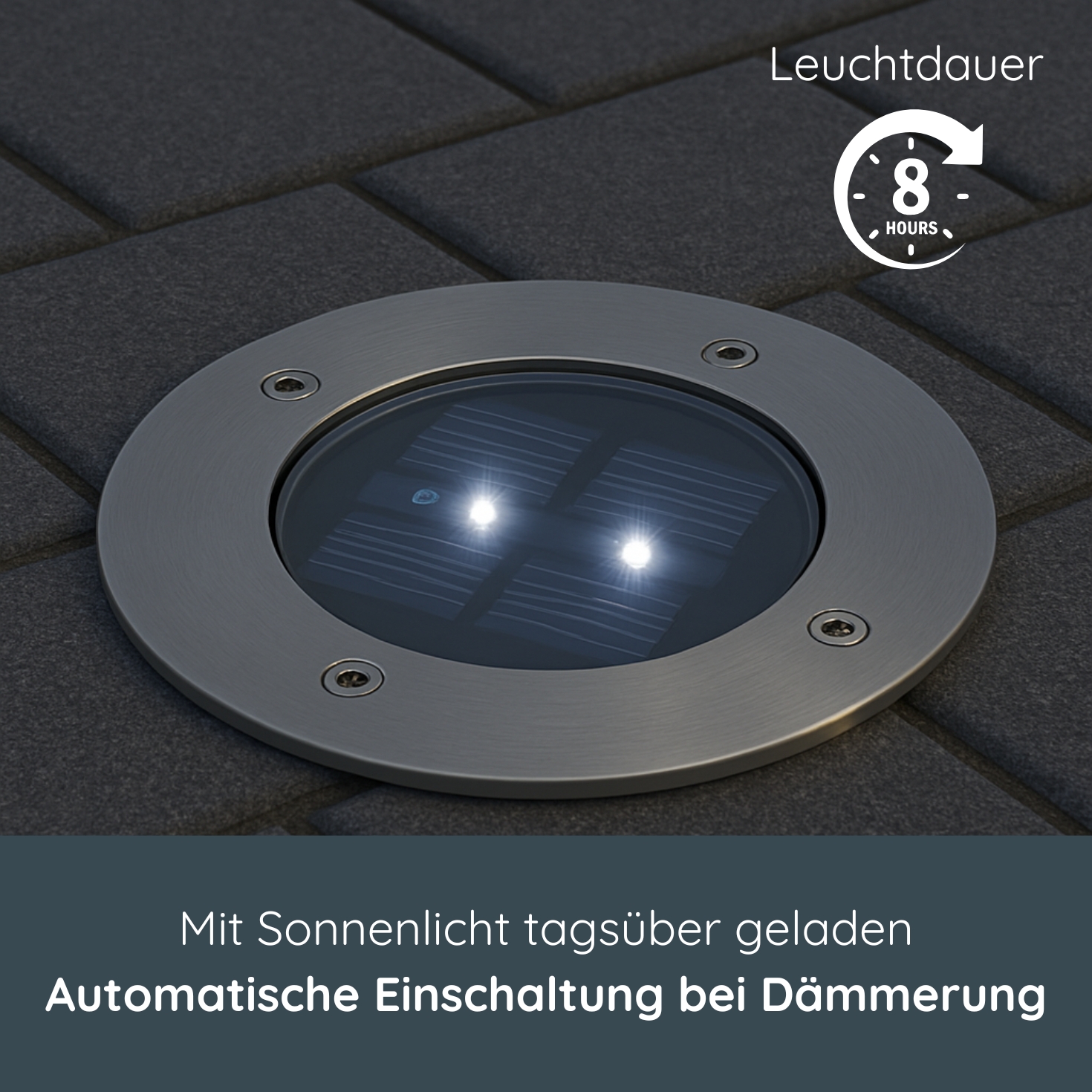 MeLiTec 3er-Set Solar-Bodeneinbauleuchte SEL03, rund, überrollbar bis 1250 kg, für Parkplätze geeignet, Leuchtdauer bis 8 Stunden, Dämmerungssensor, silber, IP67 Fenster,
