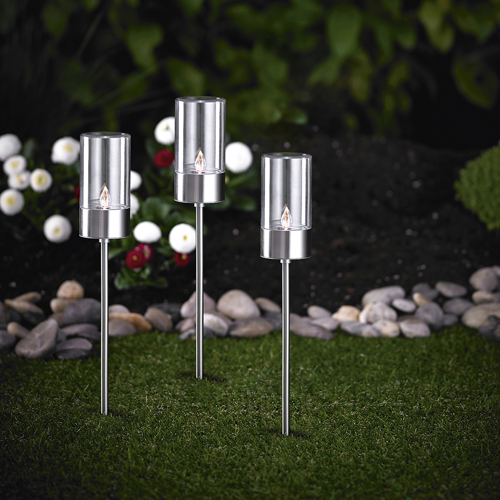 MeLiTec 3er Set Solarfackeln SO37 Edelstahl matt gebürstet Gras, Pflanze,