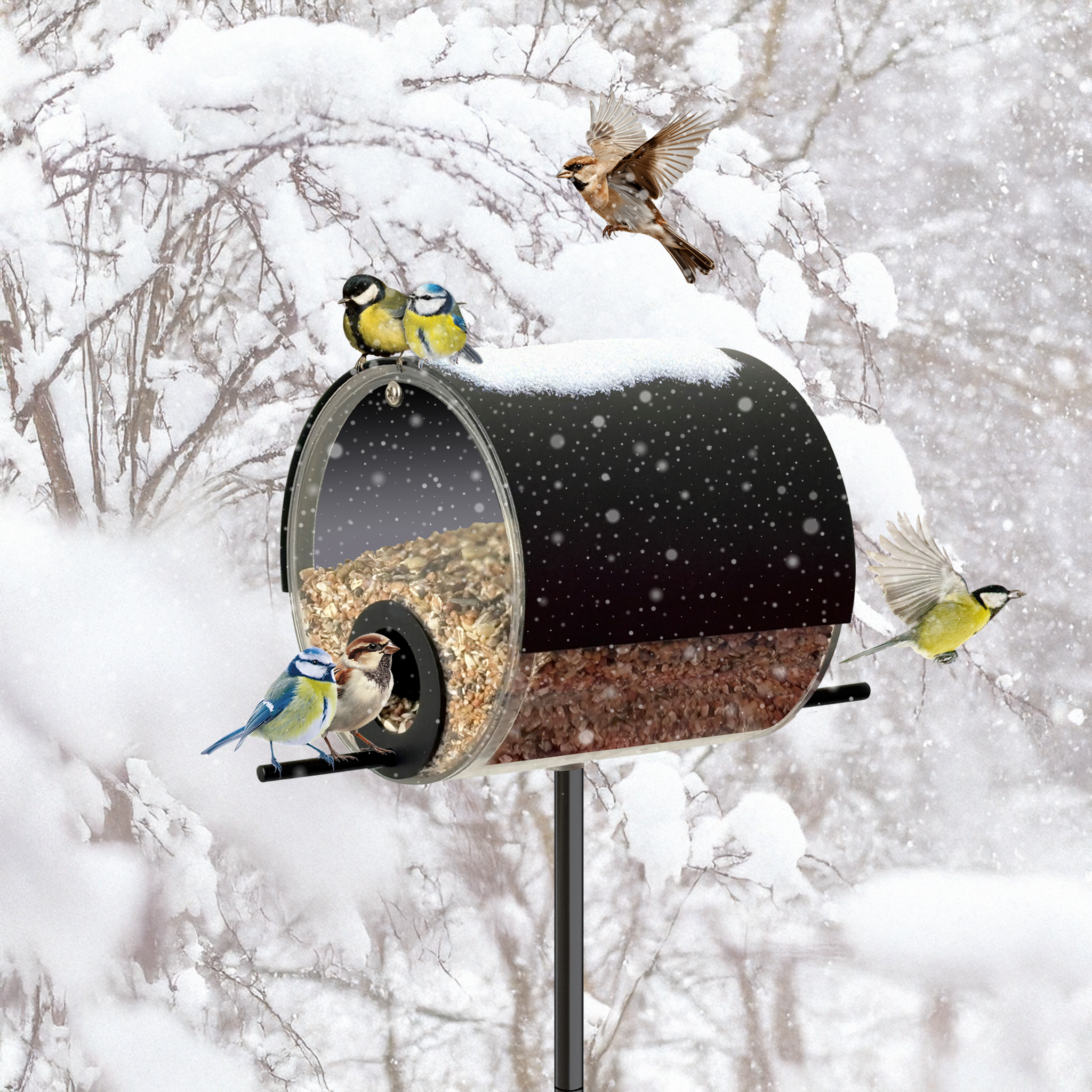 MeLiTec Vogelfutterstation mit Ständer, Vogelhaus VH10-1, Futterstation aus Edelstahl, stehend, 150 cm Höhe, rund Ø14 cm, schwarz matt