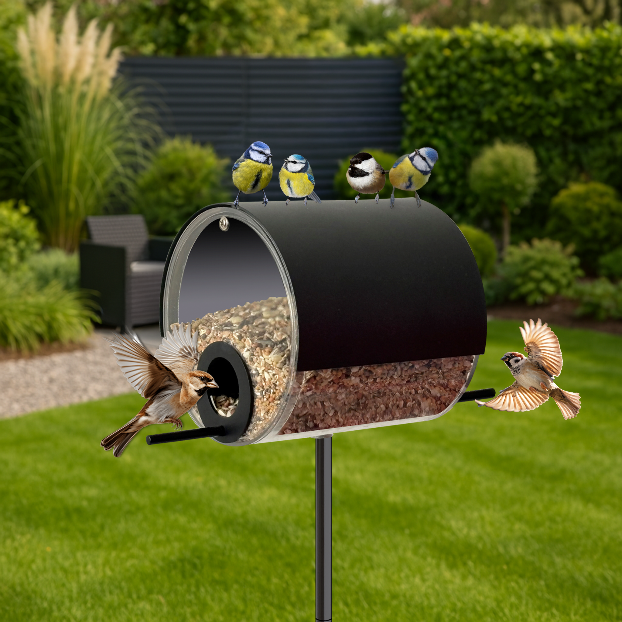 MeLiTec Vogelfutterstation mit Ständer, Vogelhaus VH10-1, Futterstation aus Edelstahl, stehend, 150 cm Höhe, rund Ø14 cm, schwarz matt Tier, Vogel, Fink, Gras, Pflanze,