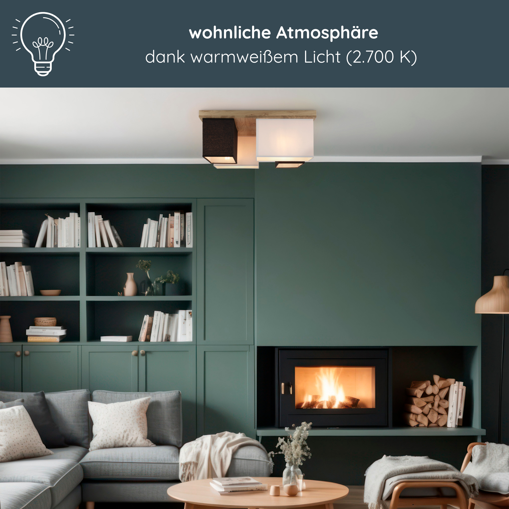 MeLiTec Deckenleuchte Paloma D129, moderne Deckenlampe, Echtholz aus der EU, Eiche, creme/weiß und schwarz Kamin, Drinnen, Mobiliar, Wohnzimmer, Innenarchitektur,