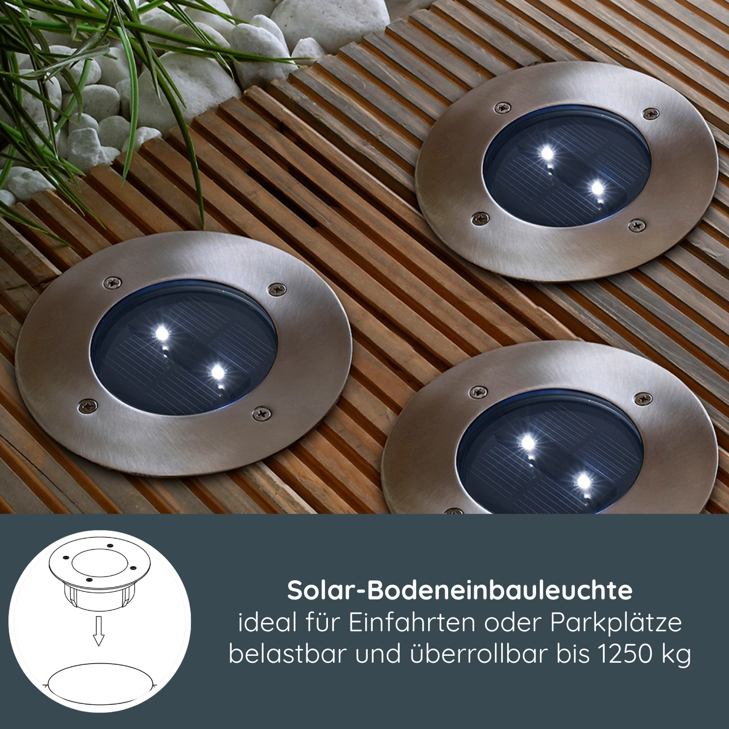 MeLiTec 3er-Set Solar-Bodeneinbauleuchte SEL03, rund, überrollbar bis 1250 kg, für Parkplätze geeignet, Leuchtdauer bis 8 Stunden, Dämmerungssensor, silber, IP67 MeLiTec 3er-Set Solar-Bodeneinbauleuchte SEL03, rund, überrollbar bis 1250 kg, für Parkplätze geeignet, Leuchtdauer bis 8 Stunden, Dämmerungssensor, silber, IP67