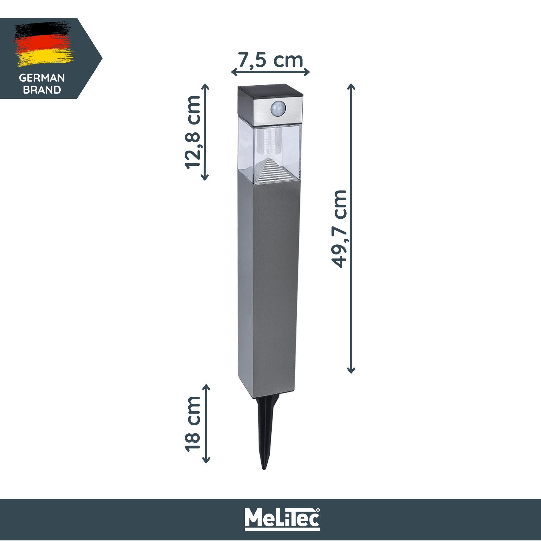 MeLiTec Solar Gartenleuchte SO32 eckig mit Bewegungsmelder, Edelstahl matt gebürstet