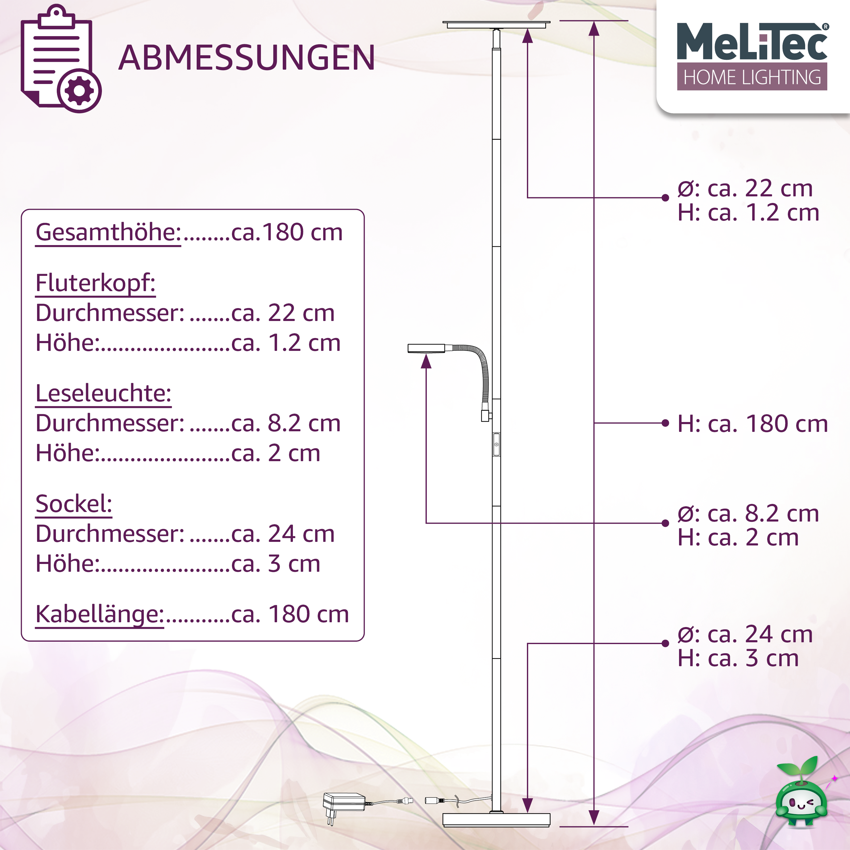 Deckenfluter mit Leseleuchte, schwarz, rund, ST58-1, MeLiTec Deckenfluter mit Leseleuchte, schwarz, rund, ST58-1, MeLiTec