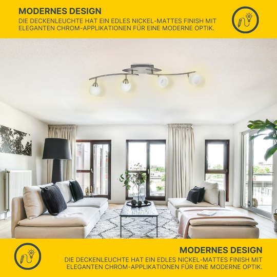 LED Deckenleuchte D123 | 4x LED Spots schwenkbar | nickel-matt | Glas weiß gestreift | warmweiß 3000K | MeLiTec