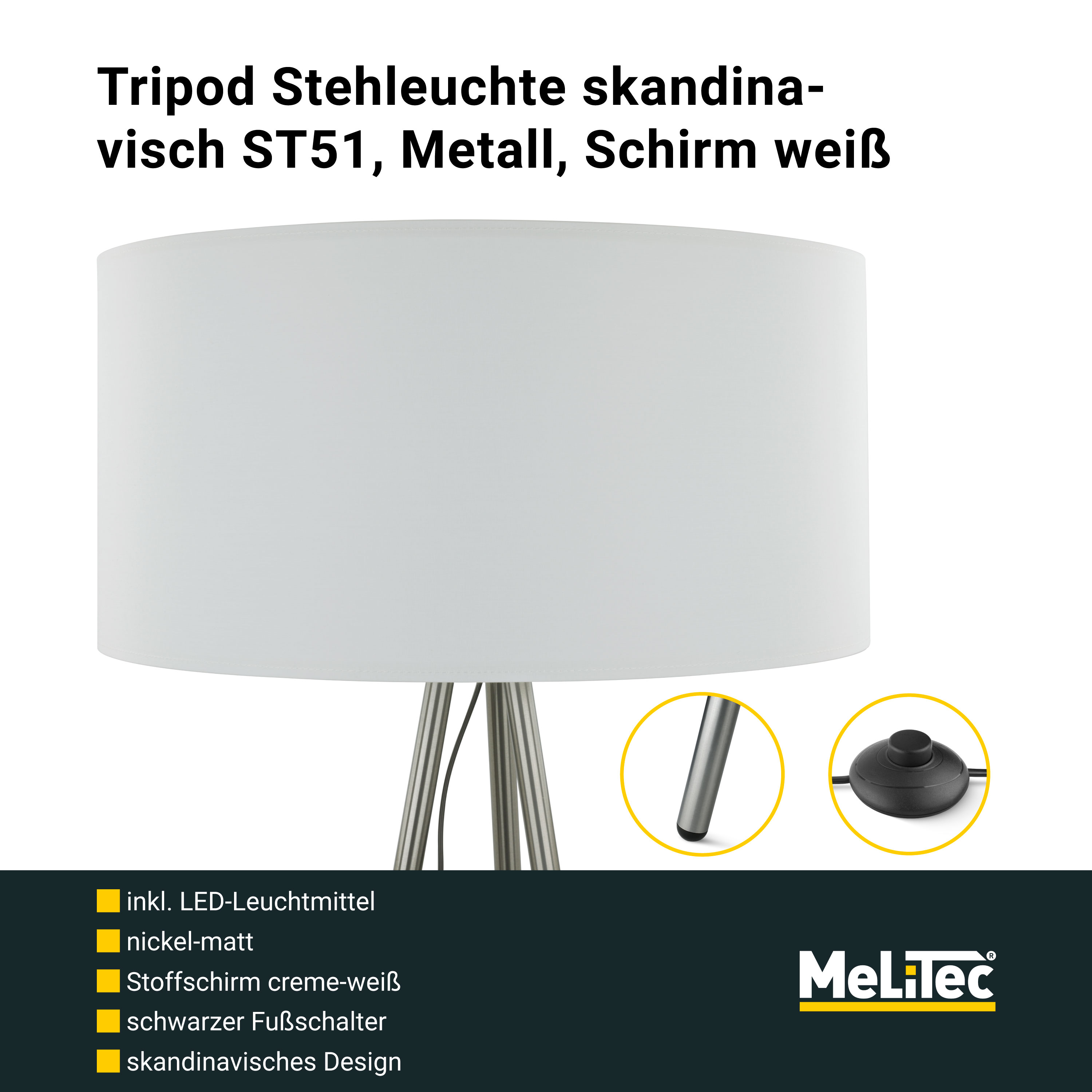 Tripod Stehleuchte skandinavisch ST51, Metall, Schirm weiß Tripod Stehleuchte skandinavisch ST51, Metall, Schirm weiß