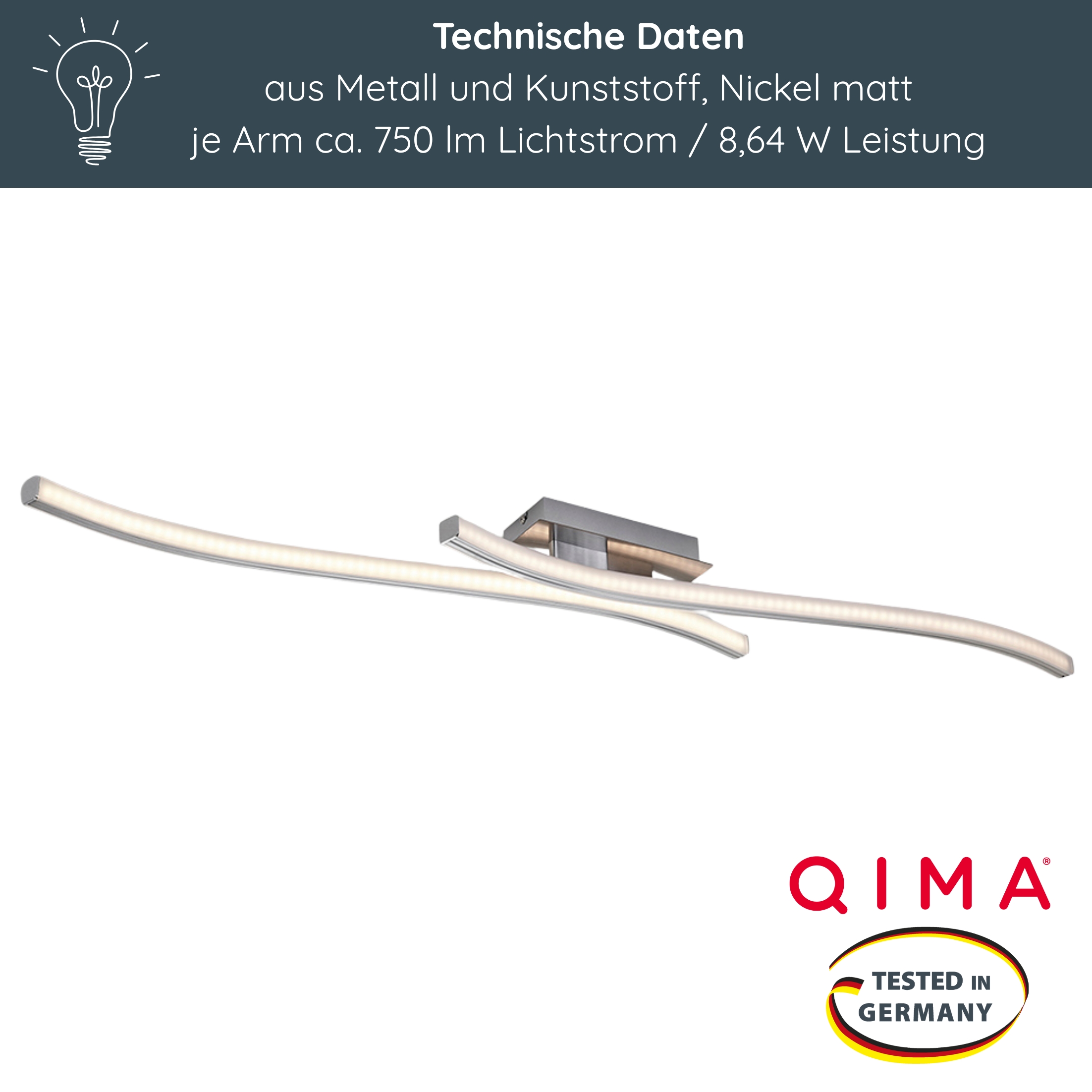 LED Deckenleuchte D124 | Sticklight-Design | 2 starre Arme | nickel-matt | warmweiß 3000K | MeLiTec