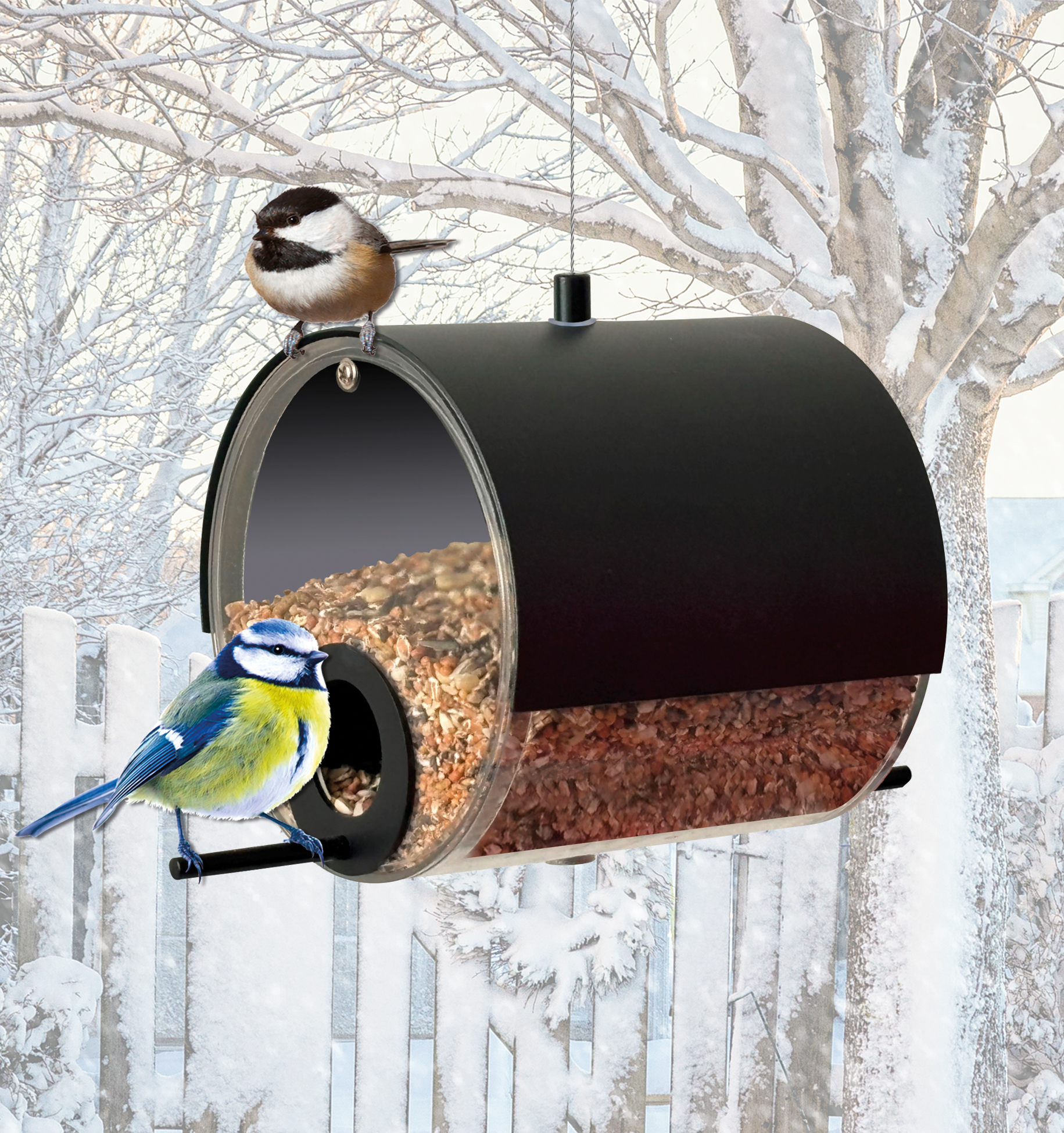 MeLiTec Edelstahl Vogelfutter Station VH09-1, hängend, rund 14 cm, schwarz