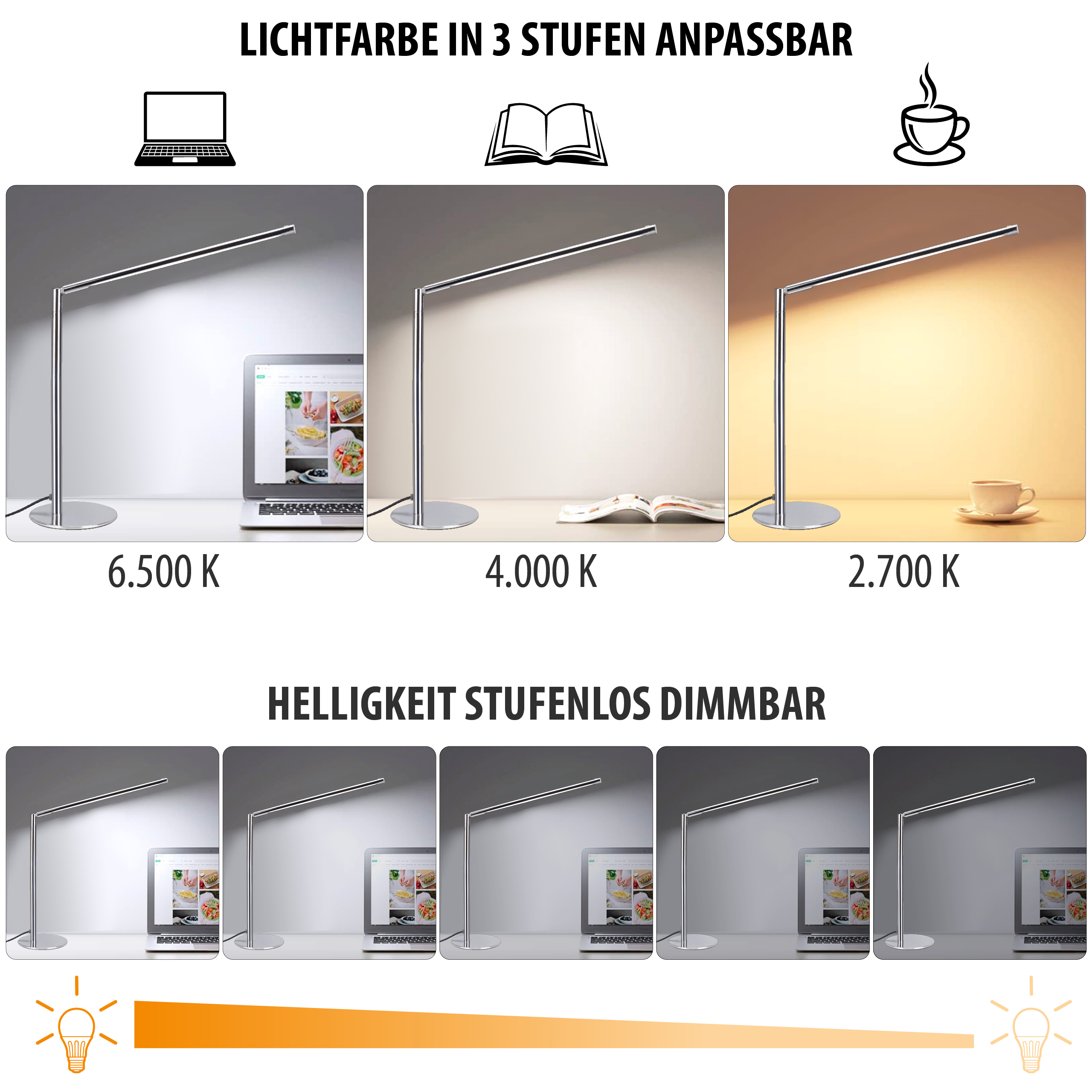 LED-Schreibtischlampe - chrom, dimmbar, 3 Lichtfarben, Memory-Funktion, T186-1 Elektronik, Bildschirm, Beleuchtung, Computer-Ausrüstung, Überwachen, Elektronik, Bildschirm, Beleuchtung, Hardware, Überwachen,