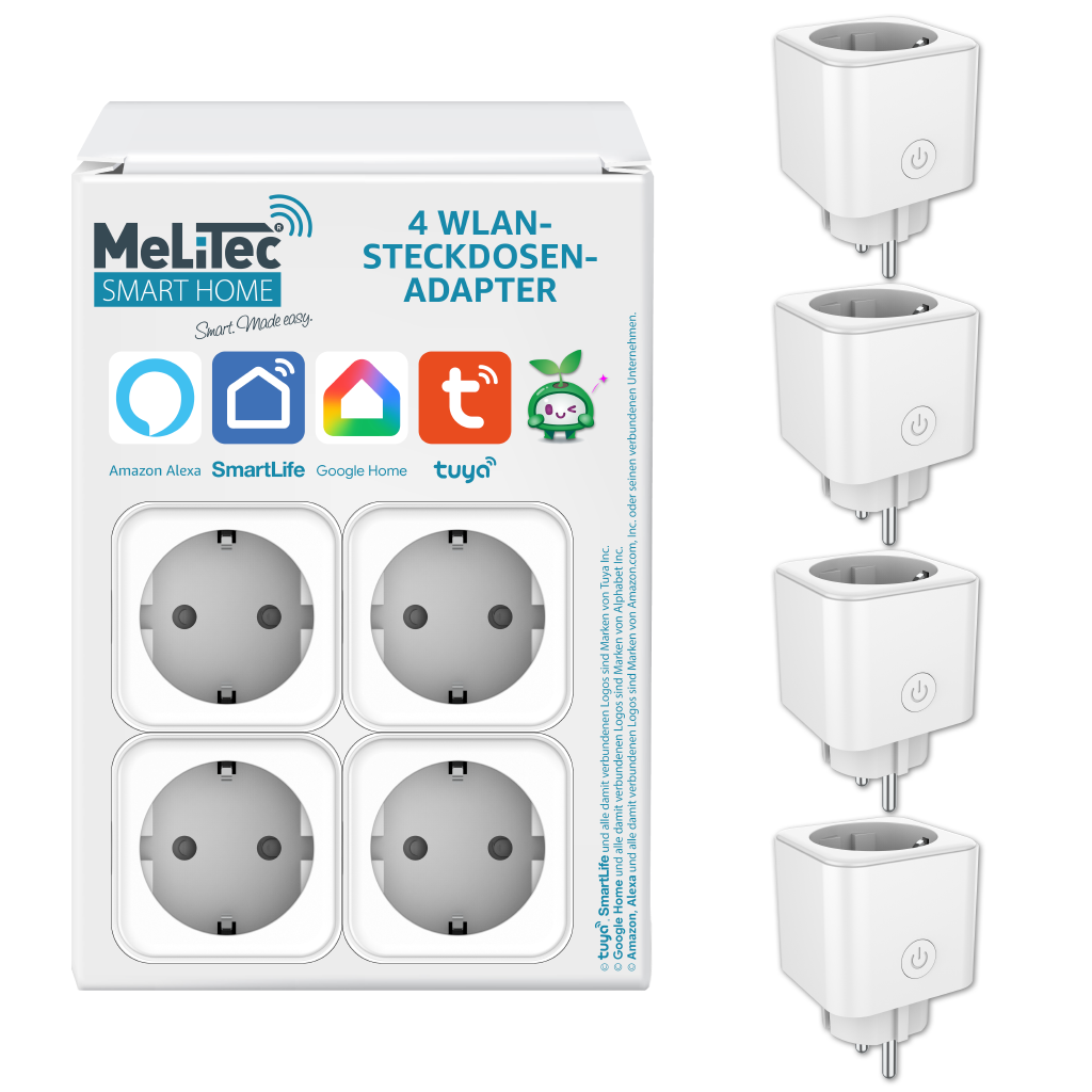 MeLiTec Smart W-Lan Steckdosenadapter "SMART-PFW04-G", weiß, 4er Set