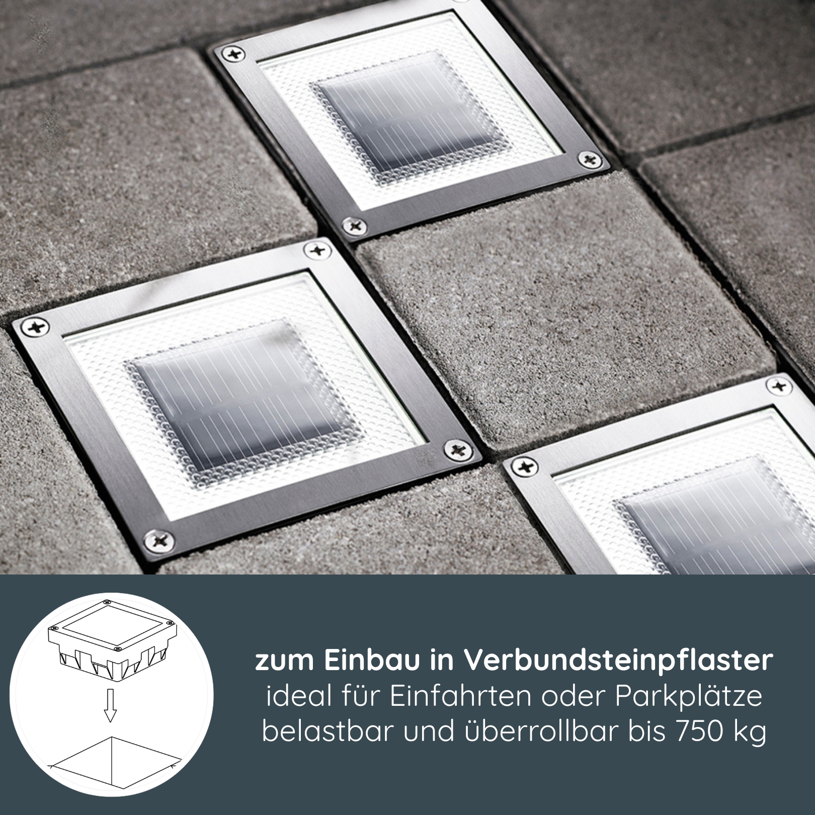 MeLiTec 3er Set Solar Bodenleuchte SEL05 – quadratisch, LED, befahrbar, IP67, Einbauleuchte für Pflastersteine, Außenbereich, silberfarben, inkl. Akku Beleuchtung,