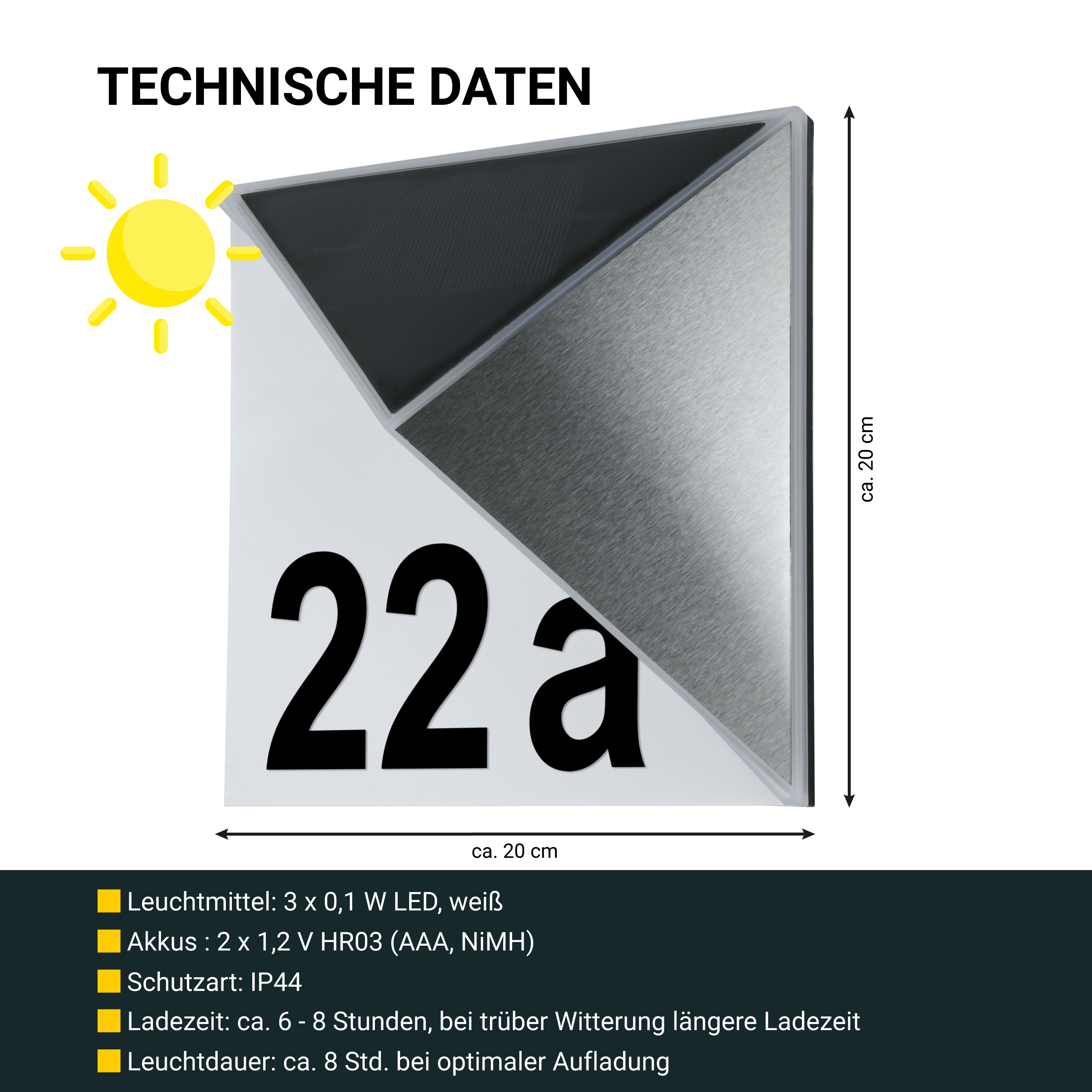 MeLiTec Solar LED Hausnummer SH07, Edelstahl Werbung, Plakat, Symbol,