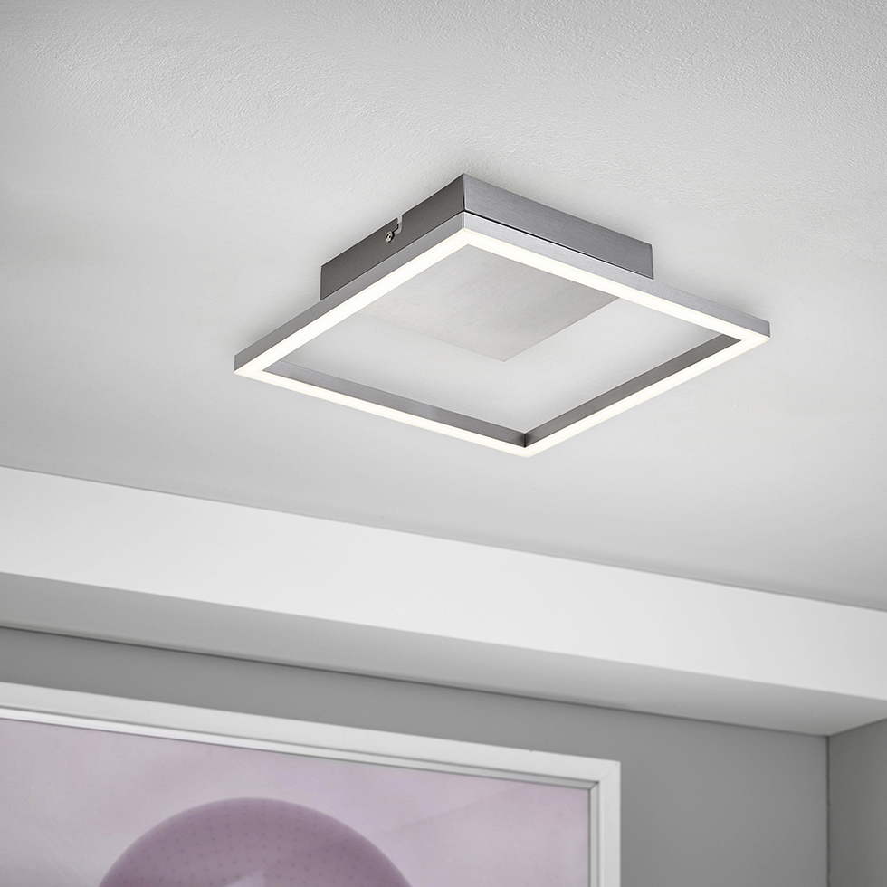 MeLiTec LED Deckenleuchte D125, chrom, aus Metall und Glas, nickel Matt, moderne Deckenlampe eckig, quadratische Lampe für Flur Küche Esszimmer Wohnzimmer Deckenleuchte,