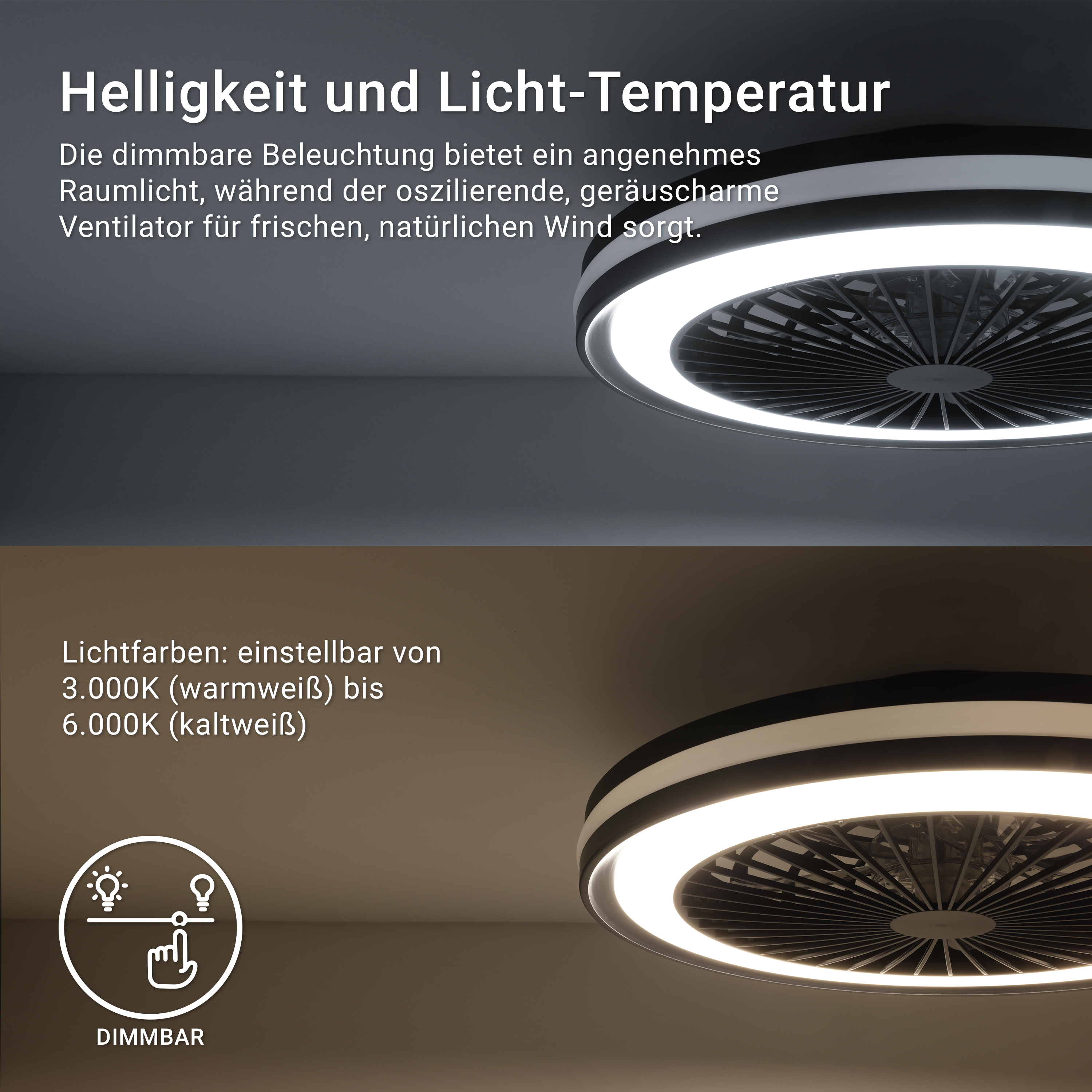 MeLiTec Deckenleuchte mit Ventilator, Deckenlampe mit Ventilator, dimmbar, RGB-Lauflicht, natürlicher Wind, Timer und Nachtlicht, Fernbedienung, schwarz, DV06