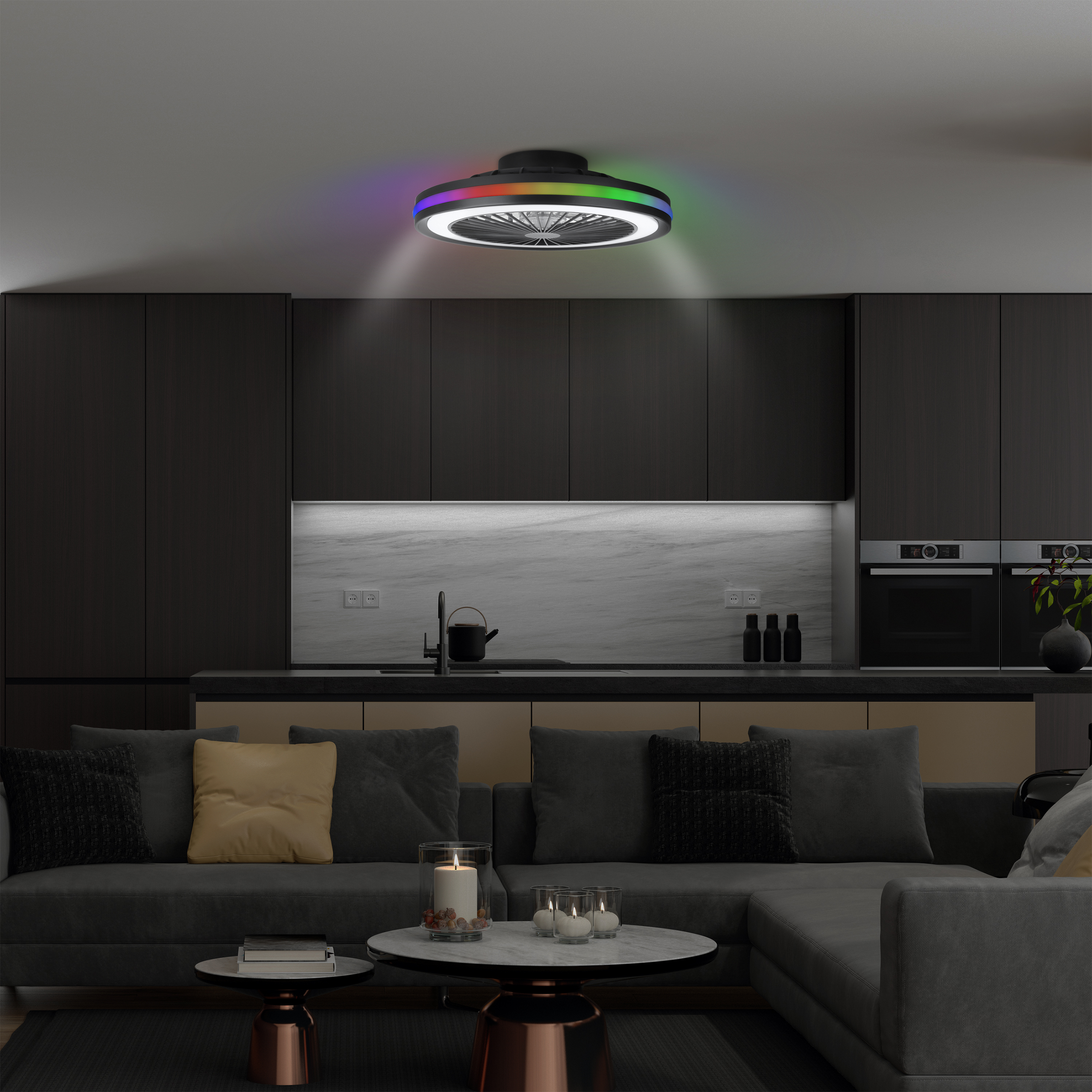 MeLiTec Deckenleuchte mit Ventilator, Deckenlampe mit Ventilator, dimmbar, RGB-Lauflicht, natürlicher Wind, Timer und Nachtlicht, Fernbedienung, schwarz, DV06