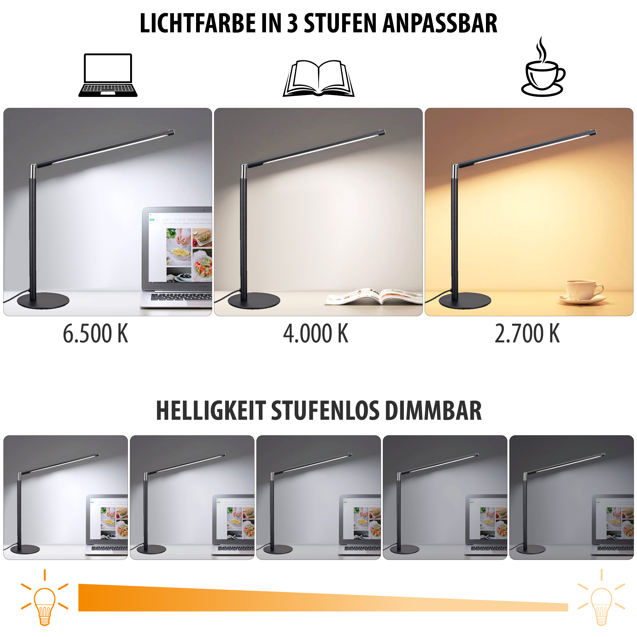 LED-Schreibtischlampe - schwarz, dimmbar, 3 Lichtfarben, Memory-Funktion, T186-2 Elektronik, Bildschirm, Lampe, Beleuchtung,