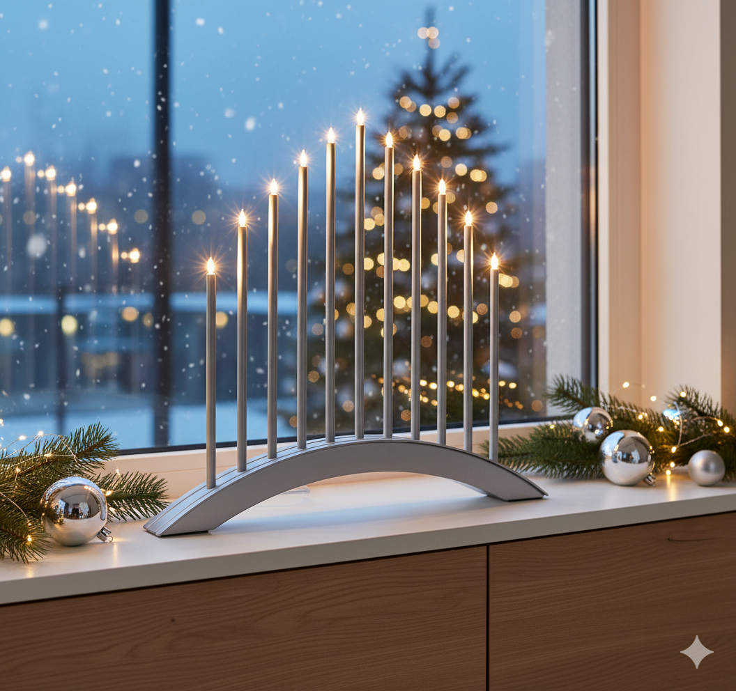 MeLiTec LED USB-C Stimmungsbogen Weihnachten, SL58, Chrom matt, warmweiß (3000K), dimmbar (3 Stufen), 5h-Timer, kabellos inkl. Akku, IP20, Innen – modernes Dekorationslicht, Lichtbogen, Fensterlicht