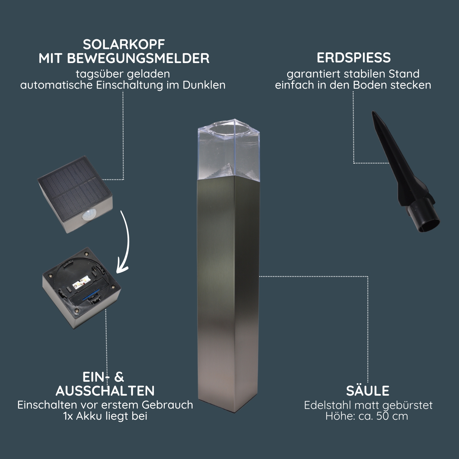 MeLiTec Solar Gartenleuchte SO32 eckig mit Bewegungsmelder, Edelstahl matt gebürstet