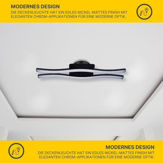 MeLiTec LED Wand- und Deckenleuchte D136, 2-flammig, schwarz, wellenförmige Leuchtstäbe, 1000 lm, 3000 K MeLiTec LED Wand- und Deckenleuchte D136, 2-flammig, schwarz, wellenförmige Leuchtstäbe, 1000 lm, 3000 K