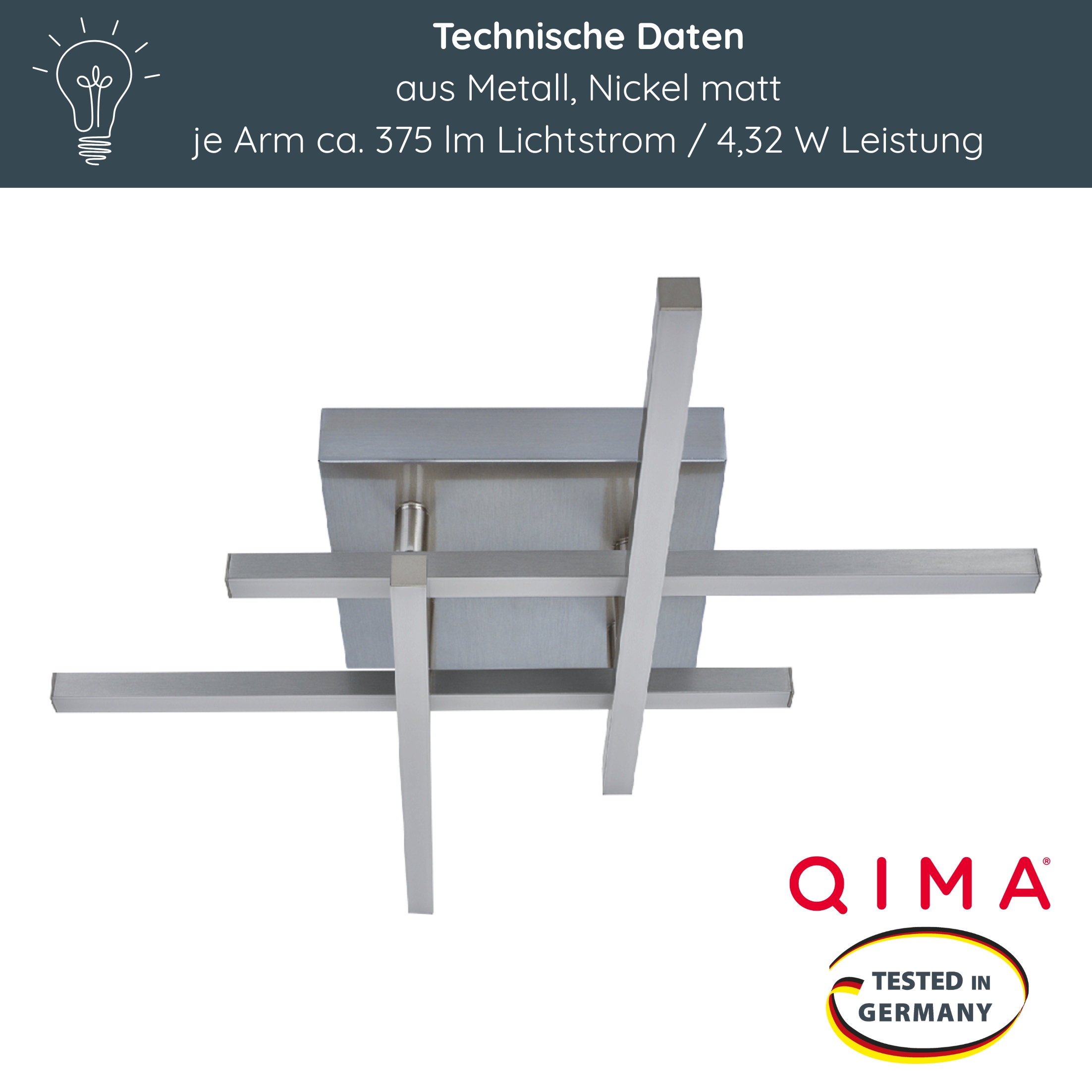 LED Deckenleuchte D121 | 4 schwenkbare Arme | nickel-matt | warmweiß 3000K | MeLiTec