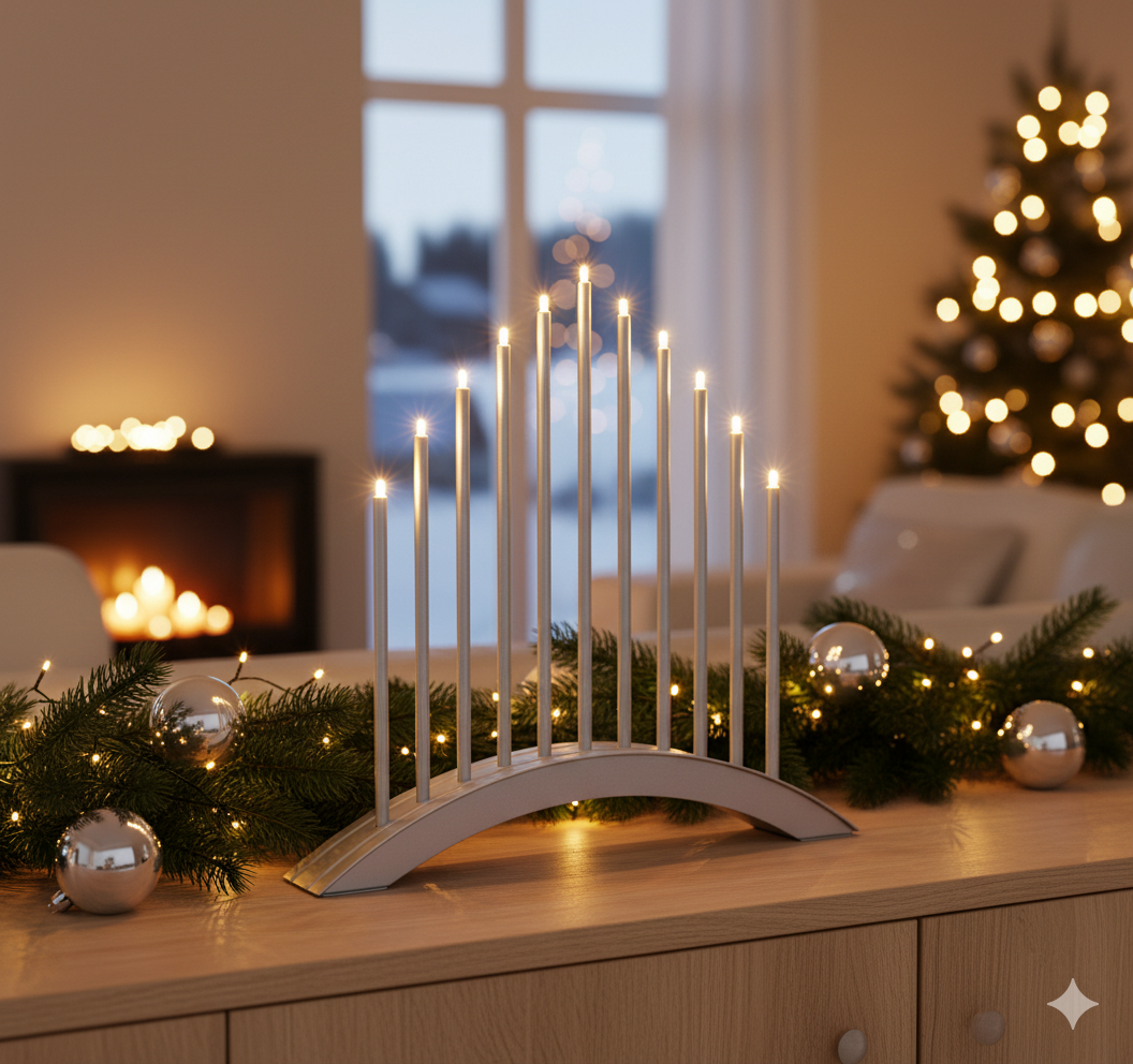 MeLiTec LED USB-C Stimmungsbogen Weihnachten, SL58, Chrom matt, warmweiß (3000K), dimmbar (3 Stufen), 5h-Timer, kabellos inkl. Akku, IP20, Innen – modernes Dekorationslicht, Lichtbogen, Fensterlicht Festspiele, Chanukka Menora,