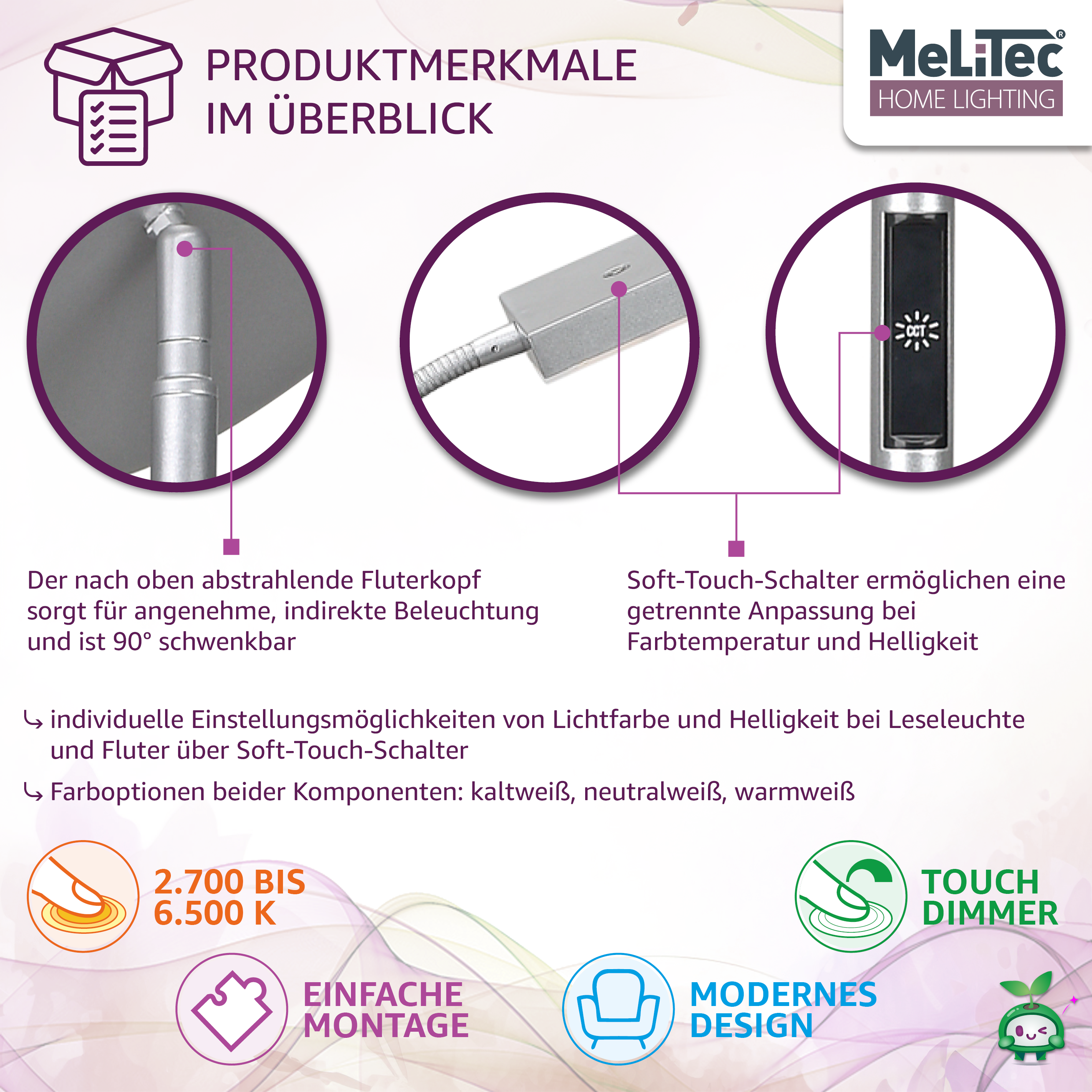 Deckenfluter mit Leseleuchte, Titan, Eckig, ST59, MeLiTec