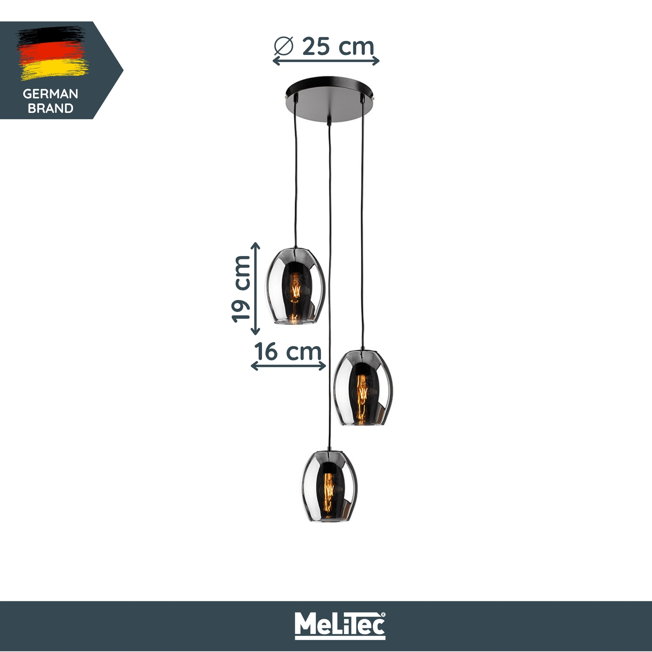 MeLiTec Pendelleuchte DP29, Hängeleuchte elegantes Rauchglas, moderne Pendellampe 3-flammig, Hängelampe rund, Deckenlampe Wohnzimmer Esszimmer Küche