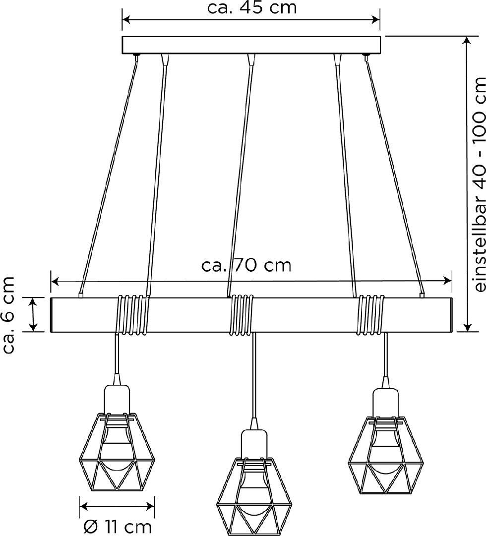 MeLiTec Holz Pendelleuchte DP17 3-flammig, schwarz
