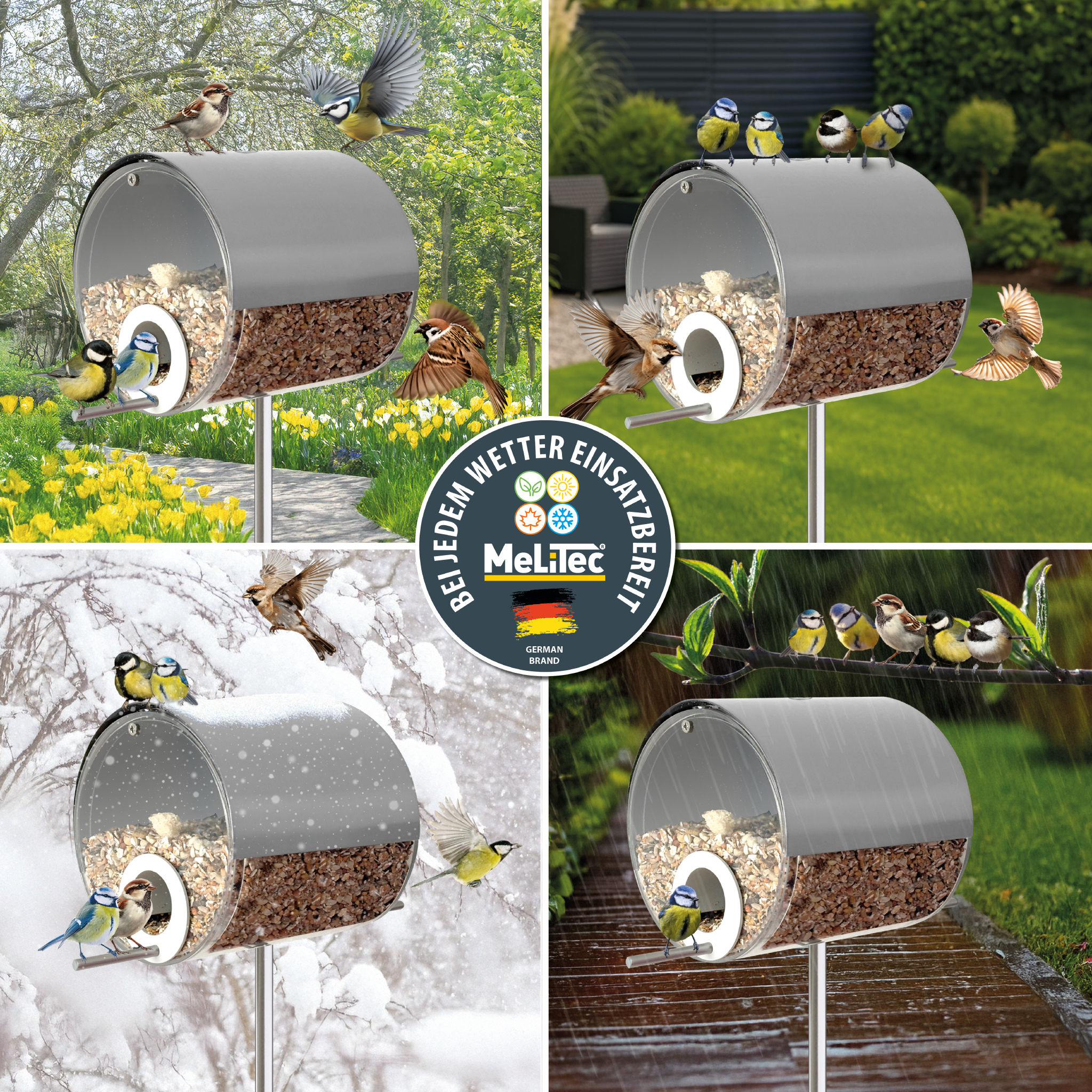 MeLiTec Vogelfutterstation mit Ständer, Vogelhaus VH10, Futterstation Edelstahl matt gebürstet, stehend, 150 cm Höhe, rund Ø14 cm, silber-matt