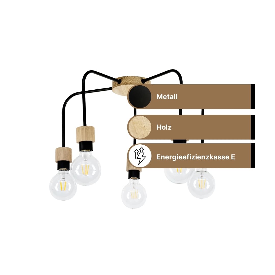 SPOT Light Eclat Deckenleuchte 5xE27 Max.40W Eiche Geölt/Schwarz SPOT Light Eclat Deckenleuchte 5xE27 Max.40W Eiche Geölt/Schwarz
