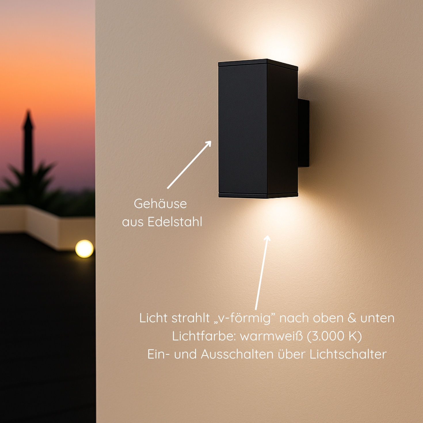 MeLiTec LED-Wandleuchte, Up and Down-Leuchte für außen und innen, aus Edelstahl, eckig, schwarz matt, IP44, Wandlampe, 146-1 Beleuchtung, Elektronik, Sprecher, Elektrisches Gerät, Schalter, Beleuchtung, Elektronik, Sprecher,