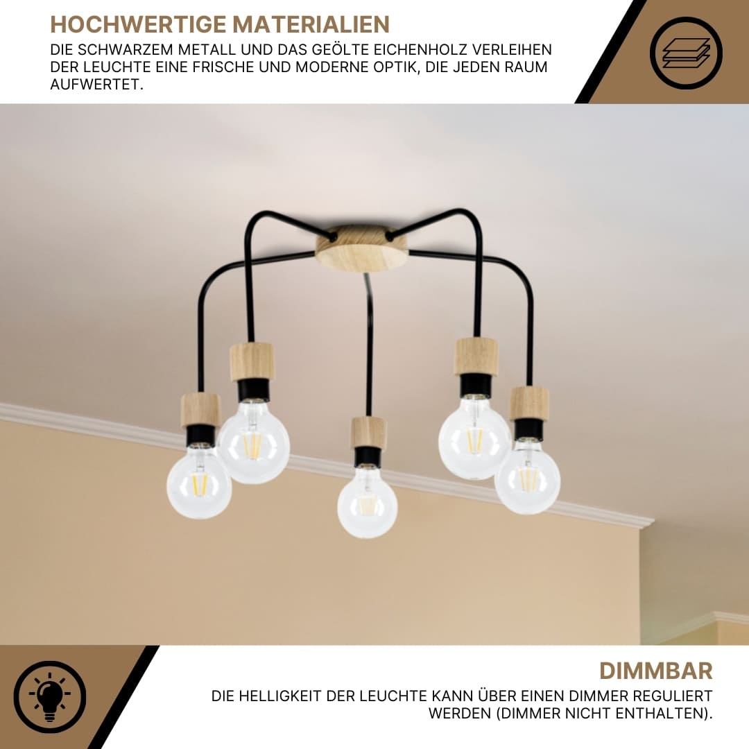 SPOT Light Eclat Deckenleuchte 5xE27 Max.40W Eiche Geölt/Schwarz SPOT Light Eclat Deckenleuchte 5xE27 Max.40W Eiche Geölt/Schwarz