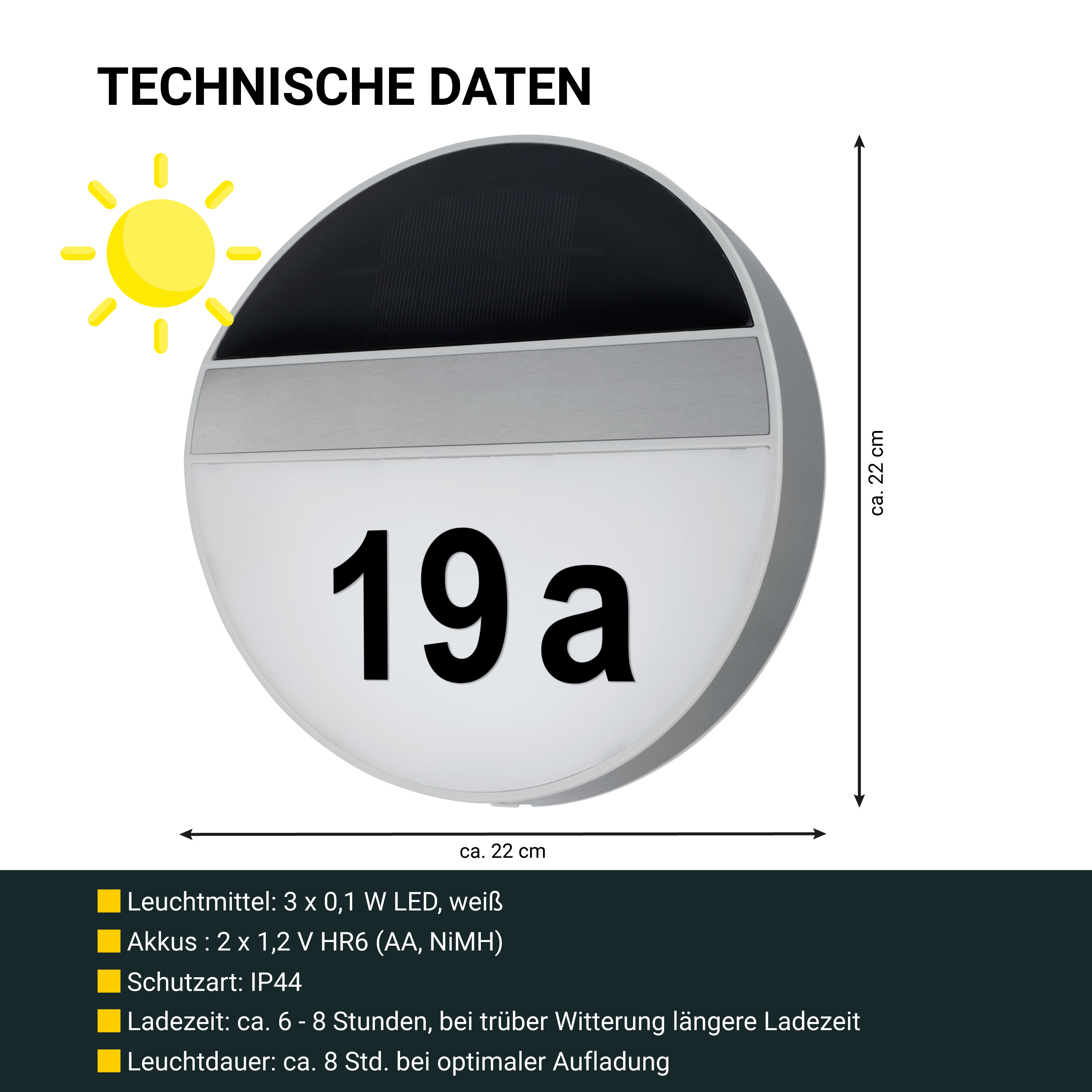 MeLiTec Solar LED Hausnummer SH06, Edelstahl Postfach, Symbol, Nummer, Text,