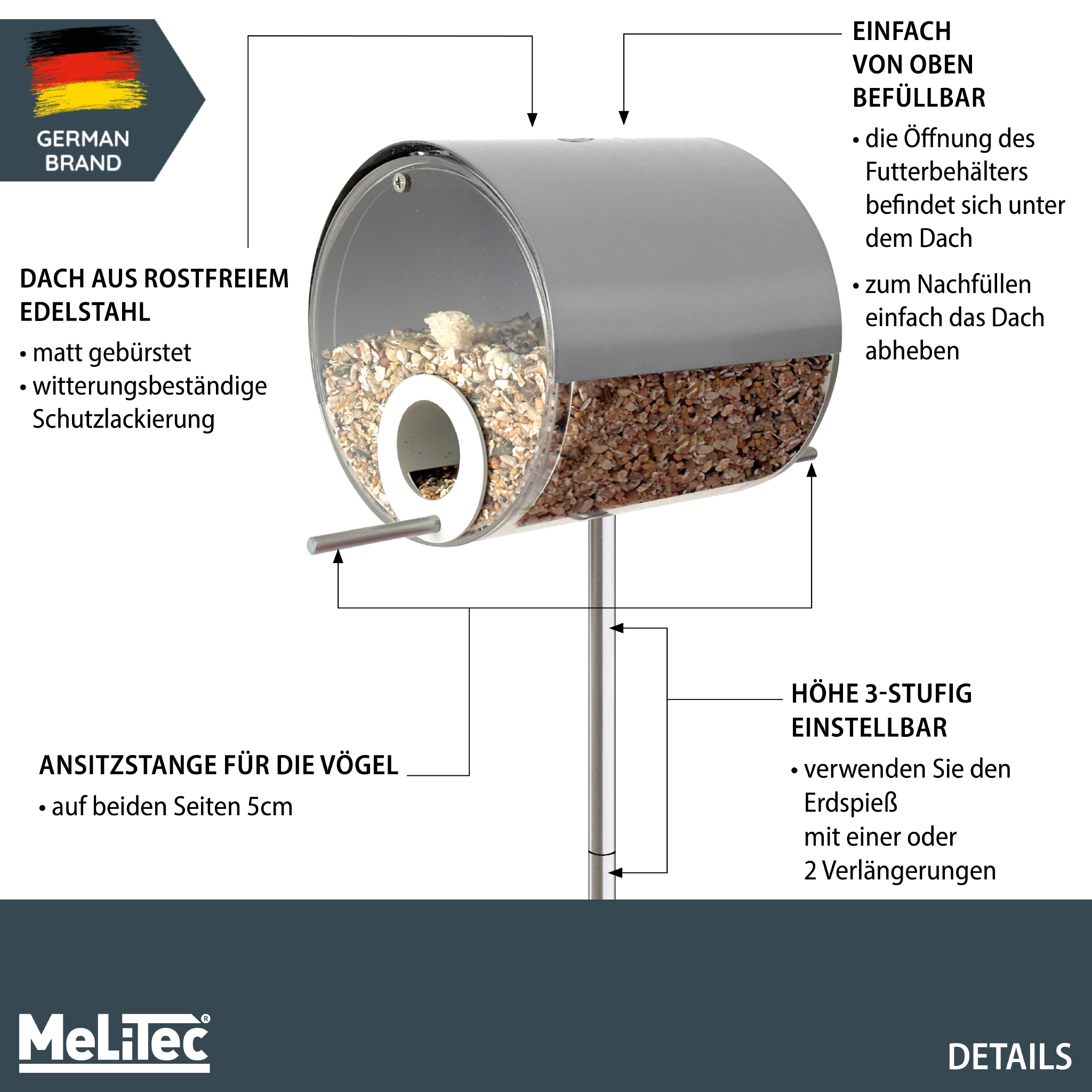 MeLiTec Vogelfutterstation mit Ständer, Vogelhaus VH10, Futterstation Edelstahl matt gebürstet, stehend, 150 cm Höhe, rund Ø14 cm, silber-matt