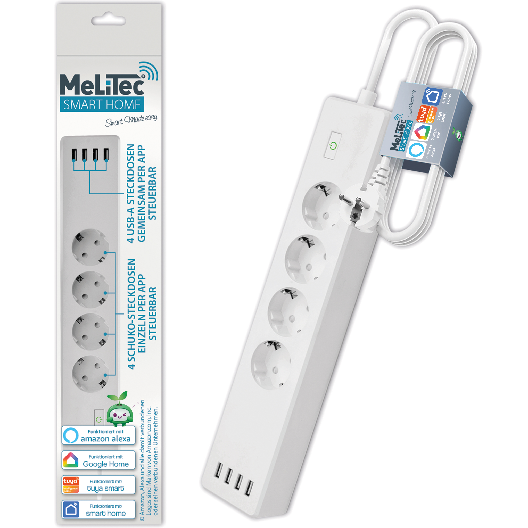 WLAN Steckdosenleiste | Überspannungsschutz | 4-Fach Smart Mehrfachsteckdose | Wandmontage mit 4 USB | kompatibel mit Alexa und Google Home | Zeitschaltuhr | Sprachsteuerung und Fernbedienung | MeLiTec Elektrisches Gerät, Elektrische Steckdose,