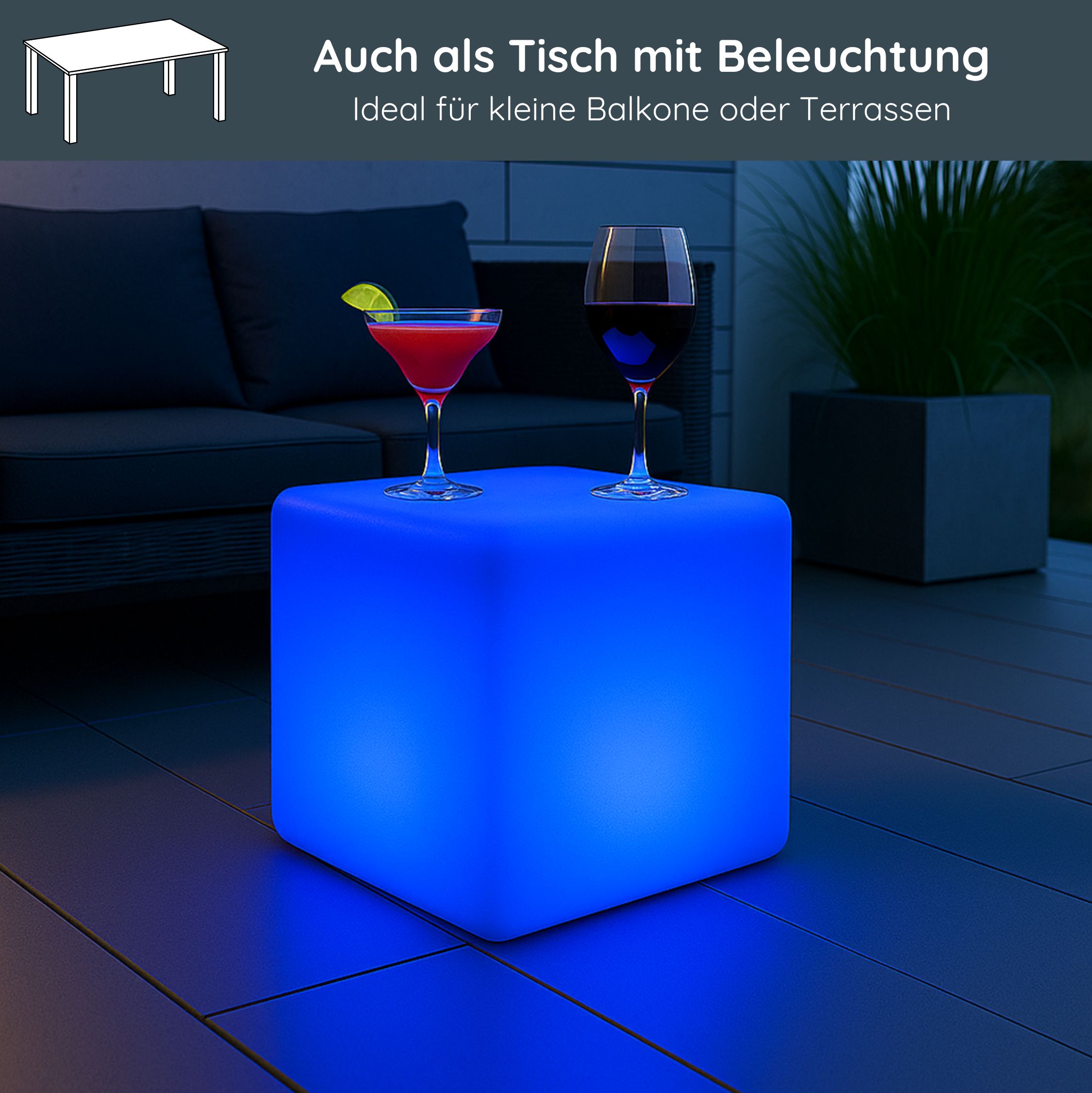 MeLiTec Solarleuchte mit USB - mehrfarbige Bodenbeleuchtung für Außen & Innen - auch für Innenräume geeignet - Solar-Bodenleuchte mit Farbwechsel - auch als Tisch mit Beleuchtung - Kunststoff - Würfel - LK04-4 Glas, Mobiliar, Pflanze, Couch,