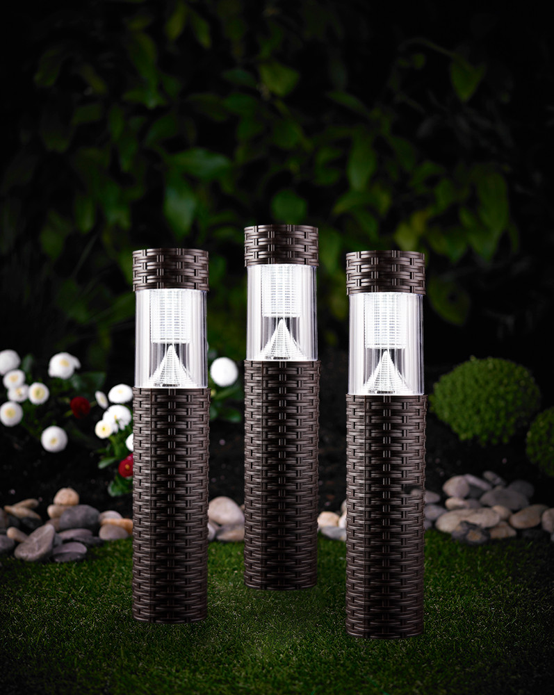 MeLiTec 3er Set Solar Gartenleuchte SO41 Säule mit Rattan, braun