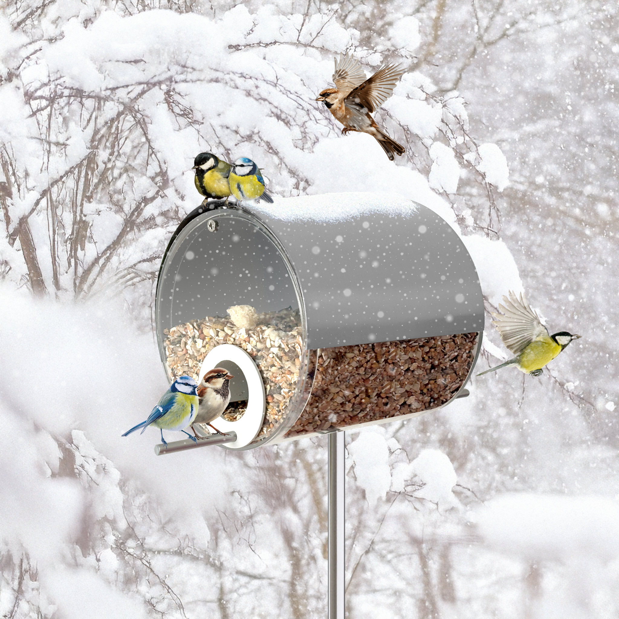 MeLiTec Vogelfutterstation mit Ständer, Vogelhaus VH10, Futterstation Edelstahl matt gebürstet, stehend, 150 cm Höhe, rund Ø14 cm, silber-matt